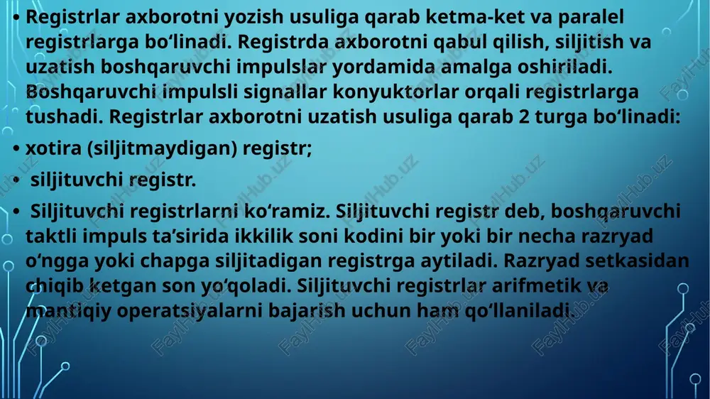 shlari o‘zaro birlashtirib ulanadi. trigerlar amalda inersiyasiz bo‘lib 1 sekunda 106 marta qayta-qayta ulanib turishi mumkin. trigerlar asosida ehm larni registrlari, hisoblagichlari va jamlagichlari yig‘iladi. trigerlar integral mikrosxema asosida ish chiqilmokda. trigerlar axborotni saqlash usuliga ko‘ra asinxron va sinxron trigerlarga bo‘linadi. asinxron trigerlarda axborot vaqtning istalgan momentida kirish signalining o‘zgarishi bilan o‘zgarishi mumkin. sinxron trigerlarda ularning chiqishlaridagi axborot vaqtning aniq momentida sinxron signal berilgandagina o‘zgaradi. registrlar turlari va tasnifi tezkor xotiraning yacheykalari bilan birgalikda qisqa vaqtli tezkor ma’lumotlarni registrlarda saqlash ham mumkin. registrlar protsessor tarkibiga kiradi va dasturlash orqali ularga murojaat o‘rnatilishi mumkin. registlarga murojaat xotira yacheykalariga nisbatan tezroq bajariladi, shuning uchun registrlarni ishlatish dastur ishini sezilarli darajada tezlashtiradi. intel firmasining protsessorlarida registrlar 2 guruxga bo‘linadi: sistemali va amaliy maqsadga yo‘naltirilgan. quyida foydalanuvchiga mo‘ljallangan amaliy maqsadga yo‘naltirilgan registrlarni ko‘rib chiqamiz. registr guruhlari tasnifi registr o‘zining strukturaviy tuzilishiga ko‘ra 8 razryadli, 16 razryadli, 32 razryadli bo‘ladi. registrlarni quyidagi guruhlarga bo‘lish mumkin: …