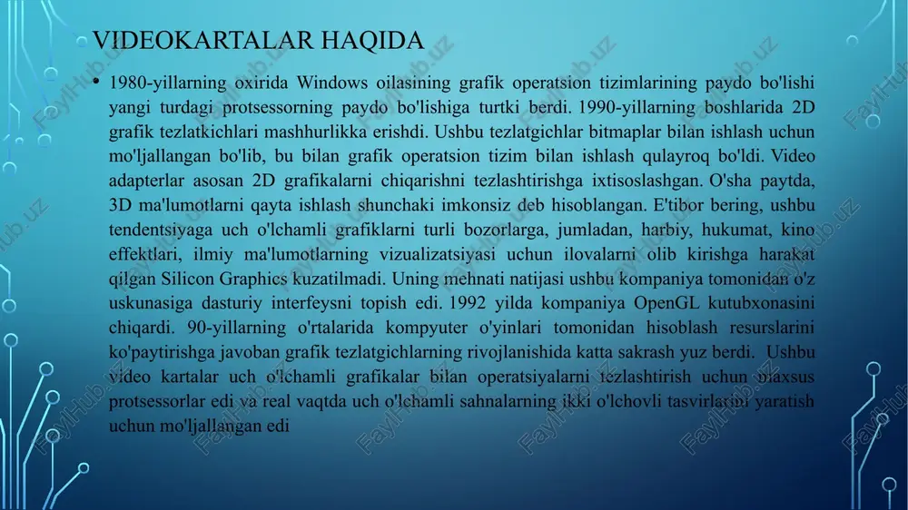 tlari bundan tashqari, o'rnatilgan grafik tezlatgichlarga e'tibor qaratish lozim. ular protsessorning bir qismi bo'lganligi sababli, monitor faqat anakartdagi ulagichlar orqali ulanadi. va agar sizda diskret kartangiz bo'lsa, unda ekranlarni faqat u orqali ulang, shunda siz o'rnatilgan yadrodan foydalanmaysiz va ko'proq ishlashga erishasiz. videokartalar xususiyatlari ko'pgina foydalanuvchilar faqat zamonaviy o'yinlarni boshqarish uchun kuchli grafik kartalarni sotib olishadi. grafik protsessor asosiy operatsiyalar haqida g'amxo'rlik qiladi. masalan, pleerga ko'rinadigan ramka qurish uchun, ko'rinadigan ob'ektlarni noto'g'ri hisoblash, yorug'lik va effektlar va filtrlar qo'shilganidan keyin ishlov berish amalga oshiriladi. bularning barchasi gpu kuchiga to'g'ri keladi va protsessor butun tasvirni yaratish jarayonining ozgina qismini amalga oshiradi. videokartalar xususiyatlari mish-mishlarga ko'ra, ba'zi dasturlarda 3d modellashtirish uchun maxsus grafik karta, masalan nvidia-dan quadro seriyasi kerak bo'ladi. bu qisman haqiqatdir, ishlab chiqaruvchi maxsus vazifalar uchun gpu seriyasini aniqlashtirdi, masalan, gtx seriyasi o'yinlarda yaxshi ishtirok etadi va tesla gpu-larga asoslangan maxsus kompyuterlar ilmiy-texnik tadqiqotlar jarayonida qo'llaniladi. biroq, aslida video karta …