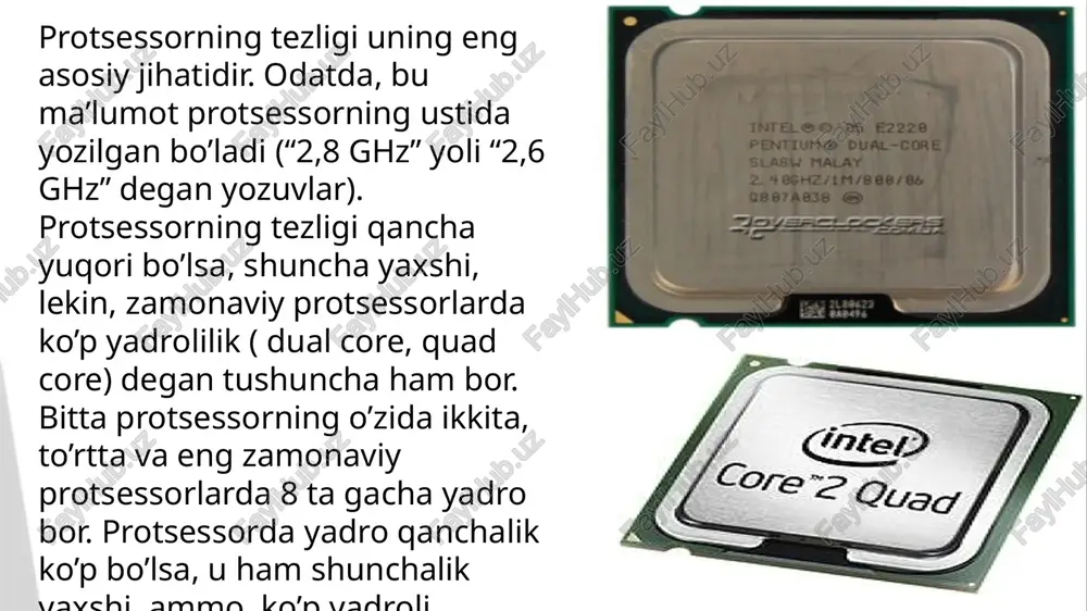 pyuterning boshqa tugunlaridan oldin “yugurib ketmasligi uchun ” zarurdir). buyruqlarining bajarilishiga ketadigan vaqt ham o‘zgaruvchandir. 8086 va 8088 protsessorlarida bitta buyruqning bajarilishiga 12 takt chamasida ketadi. 286 va 386 protsessorlarida bu ko‘rsatgich bitta operatsiyaga o‘rtacha 4,5 takt atrofida, 486 da esa 2 taktgacha kamayadi. pentium protsessorida ikkita parallel konveyer va boshqa turli usullardan qo‘llanish, o‘rta statistik buyruqning bajarilish vaqtini 1 taktgacha qisqartirish umkonini tug‘dirdi. pentium pro, pentium ii/iii, celeron va xeon, shuningdek athlon/duron protsessorlarida bir taktda eng kami bilan uchta buyruq bajariladi. buyruqlarning bajarilishi zarur bo‘lgan, taktlarning turli miqdori, kompyuterlarning samaradorligini ularning takt chastotasiga ( ya’ni sekundiga taktlarning soni) asoslanib taqqoslashni mushkullashtiradi. nima uchun bir xil takt chastotasida protsessorlardan bittasi boshqasidan tezroq ishlaydi? sababi, uning unumdorligi 486 protsessori bilan taqqoslaganda yo‘qori tezlikka ega, chunki buyruqni bajarish uchun unga 386 ga qaraganda o‘rtacha ikki marta kam takt talab qilinadi. pentium protsessori uchun esa 486 ga qaraganda ikki marta kam bo‘lgan takt …