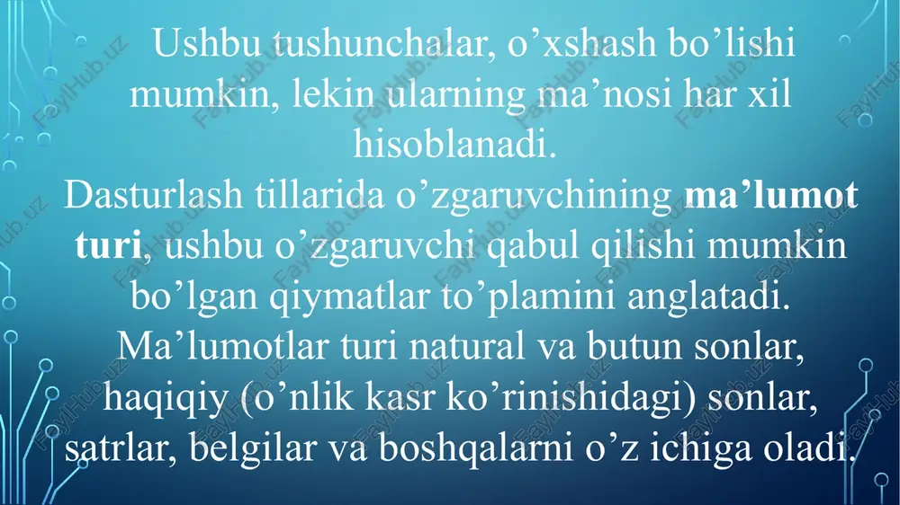 ridan-to’g’ri (bevosita) va bilvosita. bevosita adreslash usulida operandning joylashgan adresi yoki operandning o’zi bevosita adres kodida joylashgan bo’ladi. bilvosita adreslash usulida esa, adres kodi bo’yicha fizik adresni shakllantirish protsedurasi bajarilishi kerak, buning uchun hisoblash mashinalarida maxsus adreslash muxanizmi qo’llaniladi. abduraimov y swd025 13 abduraimov y swd025 14 adabiyotlar [ru] alfred v. axo., djon e. xopkroft, djefri d. ulman. struktura dannix i algoritmi. //ucheb.pos., m.: izd.dom: "vilyams", 2000, — 384 s. [en] adam drozdek. data structures and algorithms in c++. fourth edition.cengage learning, 2013. [uz] narzullaev u.x., qarshiev a.b., boynazarov i.m. ma’lumotlar tuzilmasi va algoritmlar. //o’quv qo’llanma. toshkent: tafakkur nashriyoti, 2013 y. – 192 b. [ru] loyko v.i. strukturi i algoritmi obrabotki dannix. uchebnoe posobie dlya vuzov. - krasnodar: kubgau. 2000. - 261 s., il. abduraimov y swd025 15 image2.png image3.png image4.jpg image5.jpg image6.jpg image7.jpg image8.png image9.png co cu oe | air | —— | t-rasm.docx - word 2 = * …
