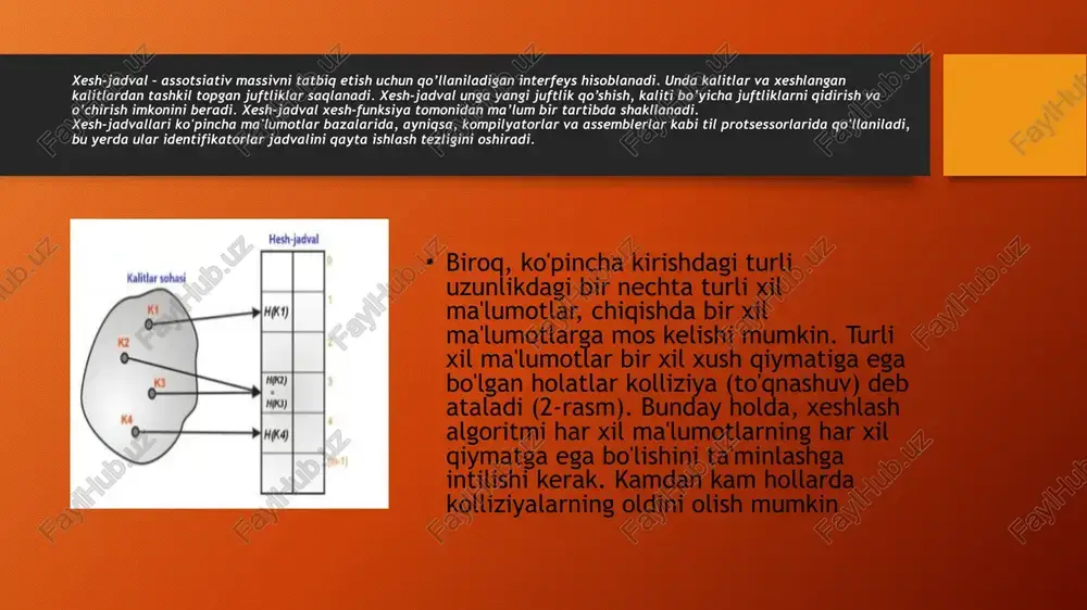 g ost qismida ascii jadvali bo’yicha mos kodi berilgan. ushbu ketma-ketlikdagi har bir belgining sonli qiymatlari bo’yicha xeshfunksiyaning qiymatlarini tashkil qilish kerak. bu qiymatlarni hosil qilish bilan yuelgilar to’plamini qayta ishlash mexanizmini o’ylash kerak bo’lgan xeshfunksiya shug’ullanadi yoddan chiqarmaslik kerakki, xeshlangan kalit fiksirlangan uzunlikka ega bo’ladi, imkoni boricha kichik bo’lishi kerak. xeshlashdan keyin kalit 8 razryaddan tashkil topgan bo’lsin, ya’ni 0 yoki 1 qiymatni qabul qiluvchi 8 bit uzunlikka ega deb olamiz. shunga mos ravishda xesh-funksiyaning turli xil qiymatlari soni 28=256 ta (0 dan 255 gacha) variantda bo’lishi mumkin. 4-rasmda sakkiz razryadli xesh-funksiyaning umumiy ko’rinishi tasvirlangan. kolliziya aniqligi kolliziyalarni hal qilish kerak, chunki ularning buzilishi xesh-jadvaldan foydalanishda ma'lumotlar va ularning xeshlangan anologlari o'rtasidagi bir qiymatlilikni aniqlashni murakkablashtiradi. buning uchun xesh-jadvalning yacheykalariga ilgari qo’shilgan kalit lar egallab turgan joyga davogarlik qiladigan kalitlarni saqlash uchun joy ajratilgan. ushbu mexanizm zanjirlash usuli deb ataladi. yoki, agar elementlarning barcha kalitlari oldindan aniqlangan bo’lsa, mos …