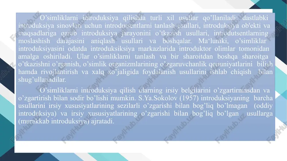 sh orqali ham o’zgarishi mumkin. urug’lar, o’simtalar yoki ko’chatlarga kimyoviy va fizik mutagen omillar bilan yoki o’sish regulyatorlari, ultratovush va boshqalar ta'sirida o’simliklarning tabiatini o’zgartirish mumkin. urug’larni ultratovush yoki tovush bilan ishlov berish ba'zi hollarda ko’chatlarning sovuqqa chidamliligini oshirishga yordam beradi. shuningdek, ayrim introdutsentlar vatanida tabiiy sharoitda polikarp bo’lgan bo’lsa, madaniy sharoitda u monokarpga aylanadi va hokazo. qaraganda botanika bog’ida o’tkazilgan jung’or kovragini kuzatishlari shuni ko’rsatadiki, bu o’simlik (tabiiy sharoitda monokarpik) madaniy sharoitda esa polikarpikga aylanadi. vatanida ko’p yillik bo’lgan o’simlik introduksiya sharoitida esa bir yillik o’simlik yoki bo’lmasa daraxtsimon o’simlik madaniy holda esa butasimon hayotiy shaklga ega bo’lib qoladi va hakozo. introduksiya uslublarini (usullarini) ishlab chiqish. chet el florasiga mansub va yo‘qolib hamda kamayib ketayotgan mahalliy istiqbolli dorivor o‘simlik turlarini yangi sharoitlarga introduksiya qilish, ko‘paytirish va ularni madaniy holda etishtirish. o‘zbekiston florasiga mansub, yo‘qolib va kamayib borayotgan dorivor o‘simliklarni tabiiy sharoitlarga (reintroduksiya) qaytarish va tabiiy populyasiyani tiklash. introduksiya o’rganish …