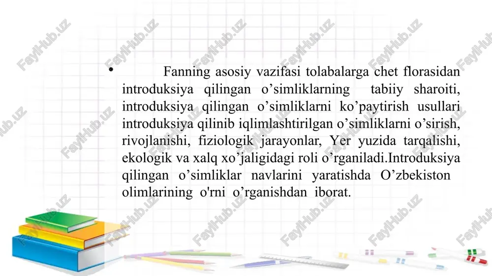 o’simliklar kirib kelgan. ularning hammasi issiqlik,yorug’lik sevuvchi hisoblanadi. tuproq tipini tanlamaydigan o’simliklardir. urug’ yerdan unib chiqqandan so'ng uning yashovchanligini ham hisobga olib turish zurur. agar urug’lar 80-100% yerdan unib chiqsada ularni shoxlanib, 1 metr yerga 3-5-8 tubini ( o’simlik turiga qarab ) qoldirish mumkin. introduktsiya obyekti. introdkutsiyaning obyekti degan mohiyat keng qamrovli bo'lib, bunda introduktsiya (ya'ni, o'zbekistonda turli mintaqa iqlim va tuproq shart-sharoitlari ) sharoitining iqlim va tuproq shart-sharoitlari va buning ishtirokida tanlangan o'simlik turlari tushiniladi. masalan, o'zbekistonning janub, shimoliy g'arb va shimoliy bo'limlarida joylashgan viloyatlarda introduktsion tajribalar olib boriladi. bunda o'sha joyning iqlim va tuproq shart-sharoitlari asosiy limit omil demakdir. masalan, sirdaryo, buxaro, xorazm va b. viloyat sho'r yerlarga dorilik o'simliklar introduktsiya qilinsa, unda albatta tuproqning sho'rlanish saviyalariga o'ziga xos e'tibor beriladi va atroflicha yoritiladi. chunki, limit belgilarlik omil asosan tuproqning sho'rlanish saviyasi bo'lib hisoblanadi. masalan, sho'r yerlarda zich qoldiq tuproqta uchraydigan barcha tuzlar qotishmasining cho'kmasi hisoblanadi. agarda, sho'rlanmagan …