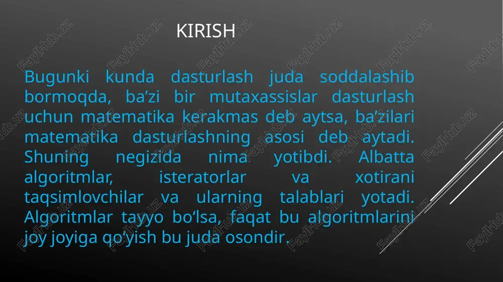 elementga murojat qilish uchun iteratorni harakatlantirish; --iter - oldingi elementga murojjat qilish uchun iteratorni harakatlantirish. forward_list konteyner iteratorlari dekrement amalini qo‘llab quvvatlamaydi; iter1 == iter2 - ikki iterator teng, agar ular bir xil iteratorni aniqlagan bo‘lsa; iter1 != iter2 ikki iterator teng emas, agar ular bir xil iteratorni aniqlagan bo‘lsa. iterator funksiyasidan foydalanish: o‘zgarmas iteratorlar. agar konteynerda o‘zgarmas qiymatli elementlar bo‘lsa, bu holda konteyner elementlariga murojaat qilish uchun o‘zgarmas iteratorlardan foydalanish kerak. buning uchun const_iterator tipi ishlatiladi. bu iteratorlar faqat elementlarni sanash imkonini beradi. o‘zgartirish mumkin emas. o‘zgarmas iteratordan foydalanish. e’tiboringiz uchun rahmat! image1.png image2.png image3.png image4.png image5.png image6.png image7.png image8.png 1 2 3 4 #include #include #include using namespace std; 5 int main(){ 6 won 10 11 12 13 14 15 16 17 18 19 20 21 22 23 24 array arr = {1, 3, 5, 7, 9, 11, 13, 15, 17, cout > search >> replace; auto found …