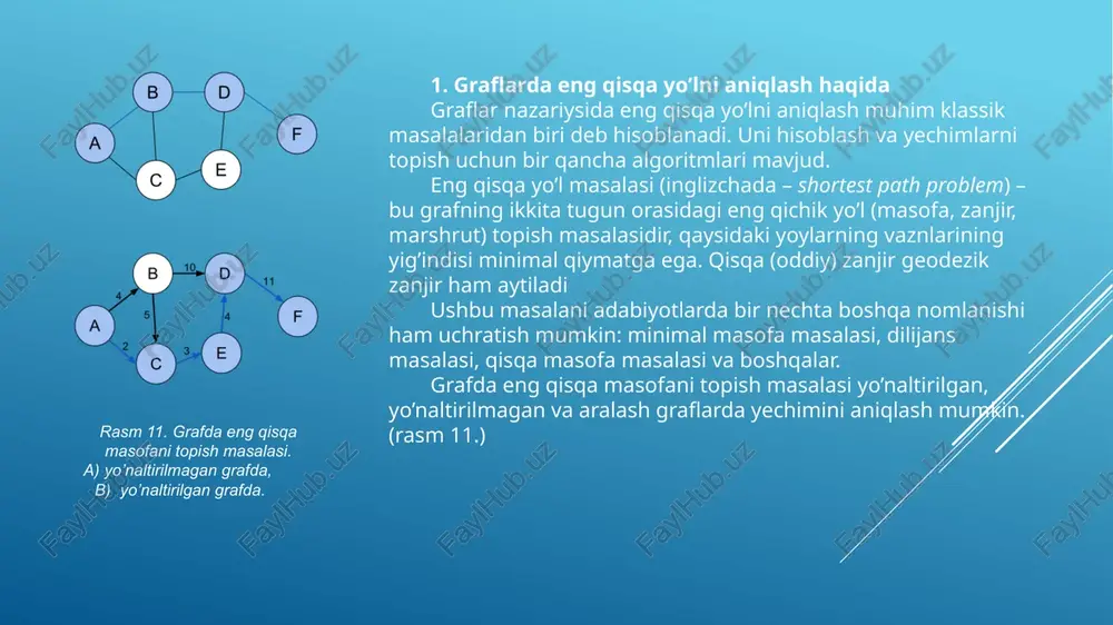 - 1] - qirralar og’irliklari matritsasi, g[i][j] = 2000000000, agar i va j tugunlar orasida qirra mavjud bo’lmasa d = g for i = 1 ... n + 1 for j = 0 ... n - 1 for k = 0 ... n - 1 if d[j][k] > d[j][i - 1] + d[i - 1][k] d[j][k] = d[j][i - 1] + d[i - 1][k] d matritsa natijasini ekranga chiqarish algoritmning dastur kodi: #include #include int main(){ int n, a[101][101]; ifstream ifs ("input.txt"); ifs>> n; for(int i=1; i > a[i][j]; ifs.close(); for(int k=1;k d[e[j].first] + e[j].value d[e[j].second] = d[e[j].first] + e[j].value if d[e[j].first] > d[e[j].second] + e[j].value d[e[j].first] = d[e[j].second] + e[j].value d massiv natijasini ekranga chiqarish ford-uorshell algoritmiga natija olish qadamlari algoritmning dastur kodi: #include #include int main(){ int n, a[101][101]; ifstream ifs ("input.txt"); ifs>> n; for(int i=1; i > a[i][j]; ifs.close(); for(int k=1; k d[i])) v = i mark[v] …