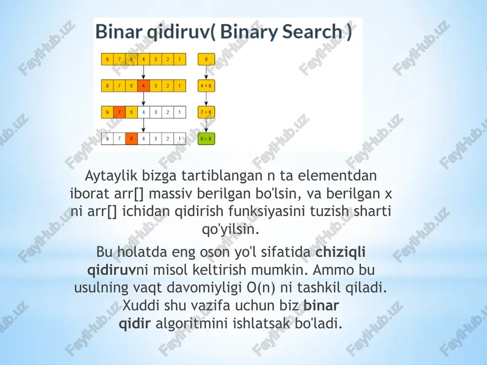 da ifodalash binary heap uchun double pointer’li linked list ishlatish shartmas. shunchaki array bilan ham ifodalasa bo’ladi. amallar osonroq bo’lishi uchun array[0] ni bo’sh qoldiramiz, keyin heap qiymatlarini kiritamiz. bizda max heap’ni kodda ifodalash min heap: agar biz array’dan i-nchi elementni ko’rsak: uning parent’i – floor (i-1)/2 indeksda; uning chap child’i – 2 * i indeksda; uning o’ng child’i – 2 *i + 1 indeksda. binary heap ustida amallar priority queue’da bo’lgani singari, binary heap ustida ham ikkita amal bor. qo’shish (insert yoki enqueue) va eng katta (eng kichik) qiymatini o’chirish (delete yoki dequeue). shuningdek qo’shilgan va o’chirilgan elementlardan so’ng, heap’ning tartibini to’g’rilash uchun ichki – cho’ktirish (sink) va ko’tarish (swim) amallari ham mavjud. insert. heap’ga node (element) qo’shish uchun: elementni tree’ning eng pastiga qo’shamiz (array’ning ohiriga qo’shamiz). qo’shilgan elementning parent’iga qaraymiz. agar parent’i o’zidan katta bo’lsa, ularning o’rnini almashtiramiz. solishtirish va almashtirishlarni element parent’idan katta bo’lguncha davom ettiramiz. delete. …