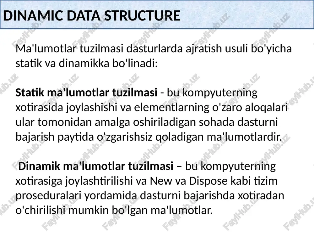 next-| + data next-| + data next | > null head advantages of dynamic data structures « only uses the space needed at any time. “makes efficient use of memory + storage no longer required can be returned to the system for other uses. disadvantages of dynamic data structures “ difficultto program, * gan be siow to implement searches. “a linked listonly allows serial access. /docprops/thumbnail.jpeg dinamik ma’lumot tuzilmalari