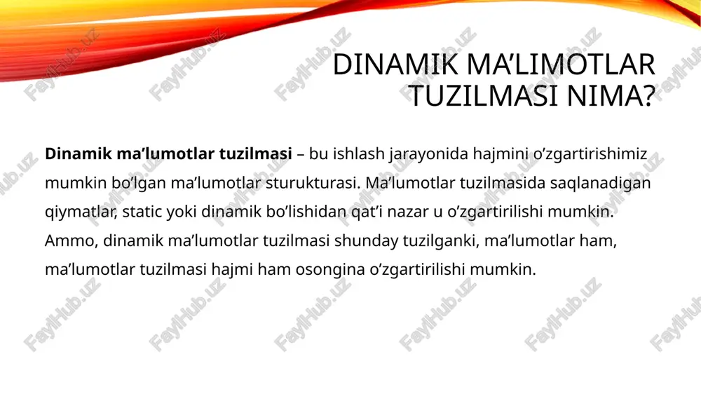 ya bo’ladi. dinamik tuzilmalarning ishlashi bu tuzilmalarning barchasida yuqorida aytib o’tilganday linked ya’ni bog’langan bo’ladi: bir element o’zidan keying elementning yoki elementlarning addressini saqlaydi. linked list linked list ham ko’rib turganingizdek turli xil ko’rinishlarda bo’ladi. ularning bir xil tomoni, ular o’zidan keying yoki oldingi elementlarning o’rnini va o’zining qiymatini saqlab turadi. shuiningdek linked list ning shablonida esa, first, last degan qiymatlari bor. tree – daraxt tuzilmalari daraxtlar ham dinamik tuzilma turiga kirib unda root, node, parent, left, right, leaf, sibling degan tushunchalar bor. eng sodda tree bu binary tree bo’lib ko’pchilik vaziyatlarda ishlatiladi. unda root ya’ni ildizi asosan birinchi kiritilgan element bo’ladi. shuningdek set, hash table tuzilmalarida sortlash uchun ishlatigani uchun. agar qo’shilgan elementimiz, tekshirayotgan elementimizdan katta bo’lsa right leaf, kichik bo’lsa left leaf ga o’tib tekshirishni davom etadi. stack stack tuzilmamizni esa xuddi idishlarning ustma-ust joylashuviga o’xshaydi. ya’ni eng oxirda qo’ygan elementimiz top ya’ni eng yuqorisiga tushadi va pop() …