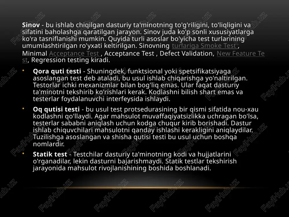 v jarayoni biroz ko'proq vaqtni oladi, to'liq sinovdan o'tkazilmasa keyinroq dasturda xatoliklar yuzaga keladi. muvozanatlangan binar daraxtlar binar daraxtni chapdan o’ngga ko’rikdan o’tkazamiz va tugunlarning info maydonlaridan a[..] massiv hosil qilamiz. tabiiyki, massiv o’sish bo’yicha tartiblangan bo’ladi. muvozanatlangan daraxtning tugunlarini belgilash uchun massivni ko’riladigan oralig’ini belgilab olamiz, ya’ni start=0 va end=n-1. massivning ko’rilayotgan oralig’i o’rtasida joylashgan elementni, ya’ni mid=(start+end)/2 va a[mid] ni muvozanatlangan daraxtning tuguni qilib olinadi. agar ko’rilayotgan oraliqda bitta ham element qolmagan bo’lsa, ya’ni start>end bo’lsa, bajarilish joriy seansdan keyingisiga uzatiladi. ko’rilayotgan tugunning chap qismdaraxtini hosil qilish uchun massivning ko’rilayotgan oralig’ining 1-yarmini olamiz, ya’ni start=0 va end=mid-1.3-5 qadamlarni takrorlaymiz. ko’rilayotgan tugunning o’ng qismdaraxtini hosil qilish uchun massivning ko’rilayotgan oralig’ining 2-yarmini olamiz, ya’ni start=mid+1 va end=end(oldingi qadamdagi end). 3-5 qadamlarni takrorlaymiz. binar daraxtga misol. muvozanatlangan daraxtidagi qo'shish tasviri muvozanatlangan binar daraxtlarning algoritmi etiboringiz uchun rahmat! image1.png image3.png image4.png image5.png image6.png image7.png image8.png image9.png image10.png image11.png 2 qa ; right …