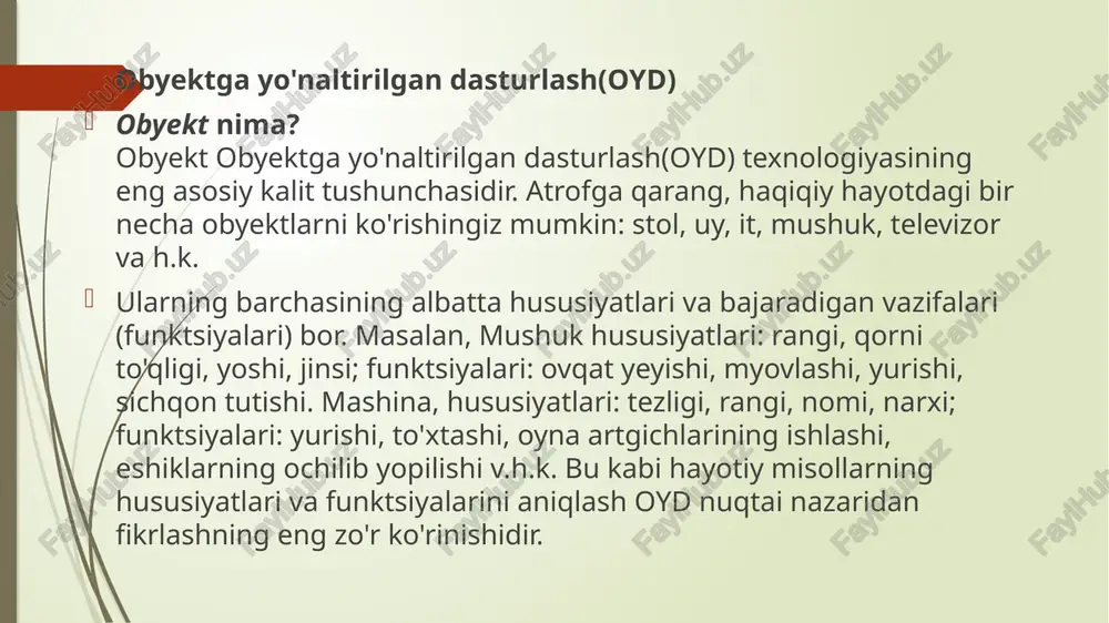 aytaman, erkak va ayol ikkovi ham, bir-birida yo'q umumiy funksiyalarni bajaradi. misol uchun: ayol naslni dunyoga keltirishi mumkin, erkak esa yo'q va bu faqat ayolga tegishli holat. odam anatomiyasi qiziq, shundaymi? ammo keling buni php va oop ga qanday aloqasi borligini ko'ramiz. inheritance(meros olish) tasavvur qiling bizda inson nomli xuddi oyoq, qo'l, ko'z kabi xossa va sayr qilish, ko'rish kabi funksiyalarga ega klasi bor. bizda erkak va ayol ham klass, ammo ko'proq xossa va funksiyalar inson klassda qamrab olingan. shuning uchun ular inson klassidan hamma narsani o'zlariga inheritance tushunchasidan foydalanib meros qilib oladi encapsulation(inkapsulatsiya) ba'zi ma'lumotlarni bir qismga joylashtirish(yopish) - inkapsulatsiya deyiladi. inkapsulatsiya obyektdagi ma'lumotni boshqasidan saqlash uchun ishlatiladi. tushundingizki, inkapsulatsiya asosan himoya maqsadida qo'llaniladi. #include using namespace std; class animal { public: void eat() {cout using namespace std; class vehicle { public: vehicle() { cout ) encapsulation : ‘| information inheritance hiding oop tushunchalari o-*-e /docprops/thumbnail.jpeg = mustaail ish …