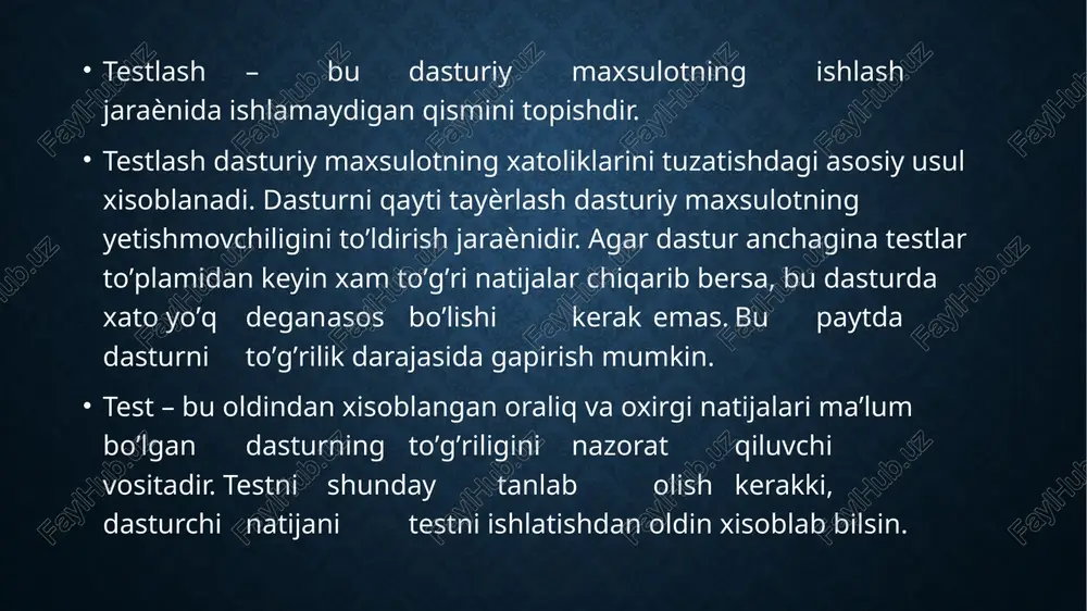 ilish va kuzatib borish akslantirilgan boʼladi. ular loyixalash bosqichlarini, ularning natijalarini va sinov usullarini aniqlaydi. shu bilan birgalikda taʼminotda dasturlash vositasini avtomatlashtirish uchun zarur boʼlgan instrumental vositalar keltiriladi. 2. dasturiy ta’minot noto’g’ri, ishonarsiz yoki spetsifikatsiyalarga mos kelmagan hollarni aniqlash. ular dasturiy ta’minotning nuqsonlari hisoblanadi. nuqsonlarni testlash keraksiz tizimlarning nuqsonlariga barham berish bilan bog’liq, masalan, tizimning to’xtab qolishi, boshqa tizimlar bilan keraksiz bo’g’lanishi, ma’lumotlarning noto’g’ri hisoblanishi va buzilishi. online magazine dasturida quyidagi 3 ta test ish olib boradi. 1 development testing, tizim ishlab chiqarilayotgan paytda testlanadi. tizim dizaynerlari va dasturchilari tomonidan testlanadi. 2. release testing, tizim foydalanuvchilarga taqdim etilishidan oldin to’liq tizim testlovchi guruh tomonidan testlanadi. 3. user testing, foydalanuvchilar o’zining muhitida tizimni testlaydi. amaliyotda testlash ikki usul - avtomatik va qo’lda tekshirishning birgalikda qo’llanishi orqali amalga oshiriladi. qo’lda tekshirish jarayonida testlovchilar dasturni bir necha testlovchi ma’lumotlarni kiritgan holda ishga tushirib hosil bo’lgan natijalarni kutilgan natijalar bilan solishtiradi. ular testlash jarayoni …