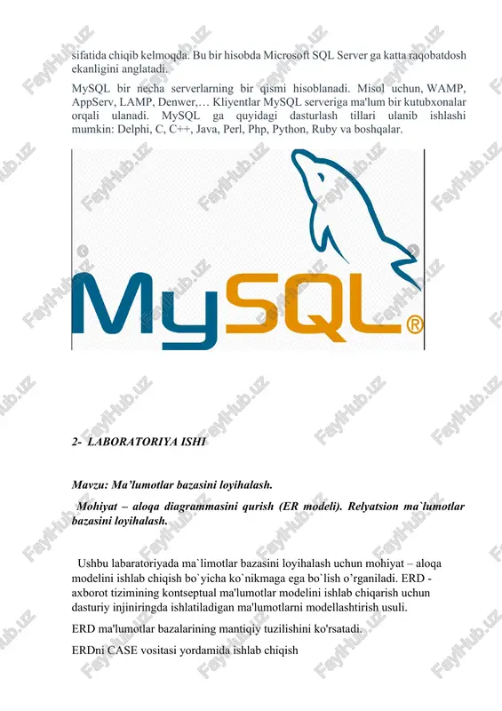 tning bitta nusxasi mos kelsa. 2. birga – ko`p (1:n) munosabat. a va v ob`ektlar to`plamida a ob`ektning har bir nusxasiga v ob`ektning bir nechta nusxasi mos kelsa, shu bilan birga v ob`ektning har bir nusxasiga a ob`ektning bittadan ko`p bo`lmagan nusxasi mos kelsa shunday munosabat hosil bo`ladi. 3. ko`pga – bir (n:1) munosabat a va v ob`ektlar to`plami orasida o`rnatilsa, unda a ob`ektning har bir nusxasiga v ob`ektning ko`pi bilan bitta nusxasi mos keladi. v ob`ektning nushalari orasida shundaylari mavjudki, ularga a ob`ektning bir nechta nusxasi mos keladi. 4. ko`pga – ko`p (m: n) munosabat. a va v ob`ektlar orasida shunday munosabat o`rnatilgan deyiladi, agarda a ob`ektning har bir nusxasiga v ob`ektni bir nechta nusxasi mos kelsa va aksincha. relyatsion yondashuv asosiy tushunchalari: · ma‘lumotlar toifasi – relyasion mb saqlanadigan ma‘lumot qiymatlari; · domen – domenlar ma‘lumotlarni ayrim asosiy turlarini aniqlash orqali o‗rnatiladi; · atributlar – jadval ustunlar nomlari; …