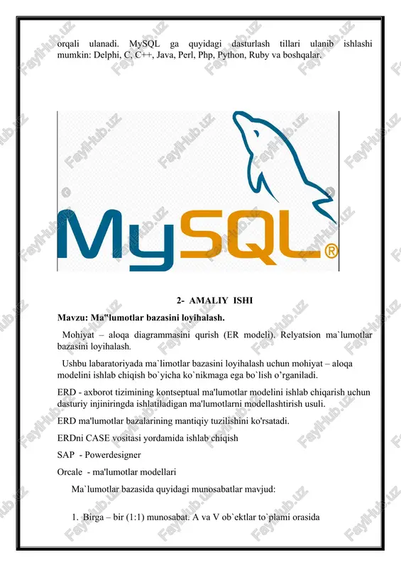 modelini ishlab chiqish bo`yicha ko`nikmaga ega bo`lish o’rganiladi.o’qituvchilar fakultet talabalar binolar universitet yo’nalish talabalar id f.i.sh tug’ilgan kuni viloyati 1 saydaliyeva dono 27.12.2003 toshkent 2 xolmamatova mahliyo 01.09.2003 jizzax 3 hoshimova saida 17.09.2002 namangan 4 ahmatova sabina 13.05.2002 buxoro 5 sultanova sadoqat 15.12.2001 sirdaryo o’qituvchilar id f.i.sh tugilgan kuni lavozimi 1 berdiyev oltinbek 04.05.1998 tyutor 2 begaliyev nurbek 15.12.1992 tyutor 3 egamberdiyev karimberdi 08.01.1968 dekan 4 oteeva mexribon 18.04.1994 tyutor 5 sultanov o’tkir 08.08.1984 tyutor yo’nalish id nomi talabalar soni yo’nalish id 1 raqamli iqtisodiyot 200 5 2 kutubxona axborot faoliyati 180 4 3 dif 300 2 4 telekamunikatsiya 250 1 5 axf 350 3 fakultet id nomi raqami yo’nalish kaferdrasi 1 telekom 810-21 a blok 2 dif 313-21 d blok 3 kiberxavfsizlik 714-21 e blok 4 kasbiy ta’lim 690-21 b blok 5 iqtisod va menjment 114-21 c blok binolar id nomi qavat yo’nalishga tegishli id 1 a bino 4 …