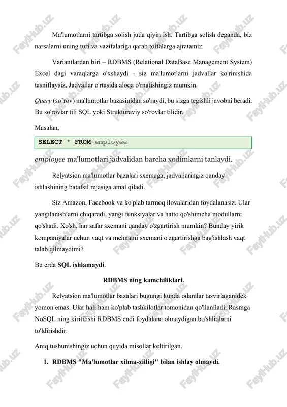 o'lgan boshqa tranzaktsiyalarga kirish huquqiga ega emas. har bir tranzaksiya mustaqil. durability - tranzaktsiya ma'lumotlar bazasiga kiritilgandan so'ng, uning zaxira nusxalari va tranzaksiya jurnallaridan foydalanish orqali saqlanishini ta'minlaydi. acid xususiyatlari moslashuvchan emas. masalan, rdbms normalizatsiya yoki bitta haqiqat kontseptsiyasiga amal qiladi. har bir o'zgartirishingiz uchun siz qattiq acid xususiyatlarini ta'minlashingiz kerak. ob'ektning yaxlitligi va havola yaxlitligi qoidalari ham qo'llaniladi. base nosql base modeli deb nomlanuvchi yumshoqroq modelga tayanadi. base (basically available, soft state, eventual consistency). basically available: ma'lumotlar mavjudligini kafolatlaydi. har qanday so'rovga javob bo'ladi (muvaffaqiyatsiz bo'lishi mumkin). soft state: tizimning holati vaqt o'tishi bilan o'zgarishi mumkin. eventual consistency: tizim kirishni qabul qilishni to'xtatgandan so'ng, oxir-oqibat izchil bo'ladi. nosql ma'lumotlar bazalari a, c va/yoki d talablaridan voz kechadi va buning evaziga ular kengaytirilishini yaxshilaydi. nosql aynan shu paytda nosql yordamga keldi.‌ bu “nafaqat sql” yoki “relyatsion bo'lmagan” ma'lumotlar bazalari. nosql xususiyatlari: · schema free · eventually consistent (as in the …