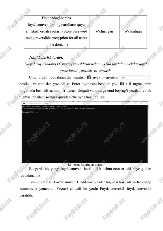 ’yxatini ko’rish uchun buyruqlar oynasiga net user buyrug’i kiritiladi. 4.3.1-rasm. moy kompyuter yorlig’i orqali qayd yozuv yaratish 4.3.1-rasmdagi oynani moy kompyuter yorliqini ustida sichqonchani o’ng tarafini bosamiz va 4.3.2-rasmdagi oyna hosil bo’ladi va u yerdan upravlenie bandi tanlanadi va 4.3.3-rasmdagi oyna hosil bo’ladi 4.3.2-rasm. 4.3.3-rasm. bu yerda lokalnie polzovateli i gruppi bandi tanlanadi va u yerdan polzovateli bandi tanlanadi va u yerda kompyuterdagi foydalanuvchilar soni va nomlarini ko’rsa bo’ladi bu yerda yangi foydalanuvchi qo’shish, o’chirish va parolini o’zgartirish yoki o’chirib tashlash mumkin. shuningdek u yerda quyidagi oyna hosil bo'ladi u yerdan noviy polzovatel bandi tanlanadi va ushbu oyna hosil bo’ladi u yerda polzovatel: profil2 yozamiz va parol: 12345 yozib sozdat tugmasi bosiladi va profil2 foydalanuvchisi yaratiladi. 4.4-rasm. qayd yozuvni turini tanlash pusk panel upravleniya uchetnie zapisi polzovateley upravlenie drugoy uchetnoy zapisyu sozdanie uchetnoy zapisi 4.4-rasmdagi ekran hosil bo’ladi bu yerda foydalanuvchi nomi yoziladi va unga beriladigan ruxsatlar tanlanadi. bu yerda …