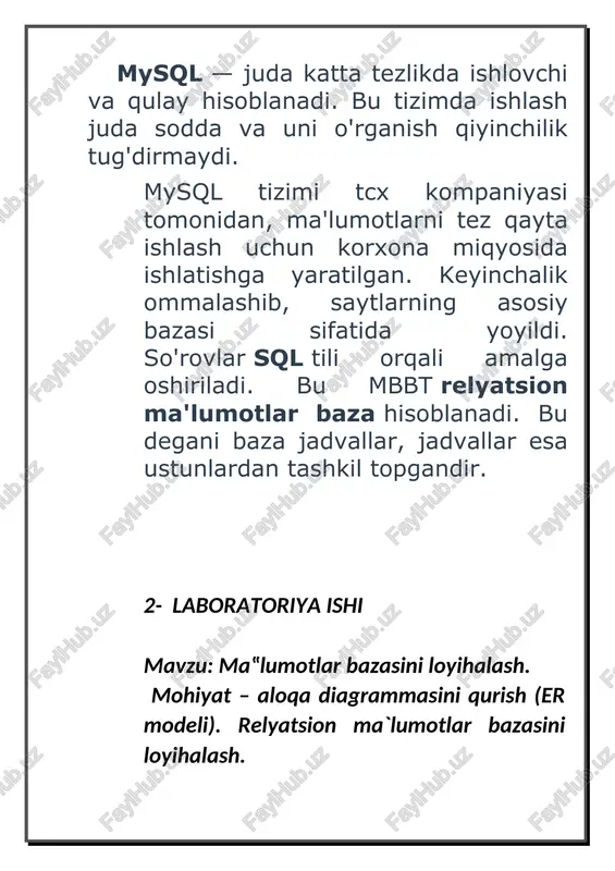 : so’rov: oyinchilar add yutuq int; natija: 1. yangi trenerlar nomli baza kiritamiz; so’rov: create table trenerlar(id int not null auto_increment primary key, fish varchar(29), yoshi int, shogirdlari int); natija: 4-amaliy ish mavzu: ma’lumotlarni tanlash va ular ustida amallar 1. eski yaratilgan ma’lumotlar ba’zasini koramiz: 1. so’rov: show tables in futbol klubi; natija: 1. jadvalni koramiz: sorov: desc tolovlar; natija: 4.jadval ob’yektlariga qiymat beramiz: sorov: insert into buyrugi orqali tolovlar jadvalini toldiramiz; natija: 5-amaliy ish mavzu: and, or, not mantiqiy standard sozlardan foydalanish ishni bajarish tartibi: 1.amaliy ishlarda yaratgan futbol klubi nomining databasesdan foydalanilmasi va undagi tolovlar nomli tableni koramiz :sql tilida shart ifodalarini tuzish uchun solishtirish va mantiqiy operatorlardan tashqari yana bir qator maxsus operatorlar qo‗llaniladi. bu operatorlar dasturlash tillarida mavjud emas. bu operatolar: misol: imtihonlarda kamida bitta 2 yoki 3 baho olgan talabalarni identifikatorini tanlab chiqarish sorovi. select id_st, mark from mark_st 26 where mark in (2,3) between …