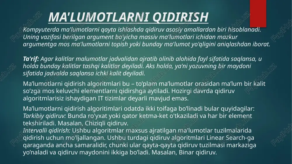 sa bu narsaga hojat yo’q. aynan shu jihati bilan chiziqli qidirish algoritmi ikkilik qidirishdan ko’ra ustunlik qilishi mumkin. chunki ba’zi holatlarda ma’lumot saralanmagan bo’lishi va uni saralash ko’proq vaqt olib qo’yishi mumkin. vikipediyaga ko'ra, o'rash uchun: kompyuter fanida algoritmlarni kirish vaqti kattalashgan sari ularning ishlash vaqti yoki makon talablariga qarab tasniflash uchun katta o yozuvi ishlatiladi. bu funktsiyalarni o'sish sur'atlariga ko'ra tavsiflaydi. shunday qilib, chiziqli qidirish uchun, massivning kattalashishi bilan ishning eng murakkab holati o (n) bo'ladi. foydalanilgan adabiyotlar: cms.tuit.uz maruza matnlari; sqlservertutorial.net jquery-az.com w3schools.com metanit.com wikipediya.com texnoman.uz image6.png image7.png image8.png image9.gif image2.png image3.png image4.png image5.png search for 14: 12>8 12 1 3 4 7 8 11 12 14 25 30 12 11 11 12 /docprops/thumbnail.jpeg