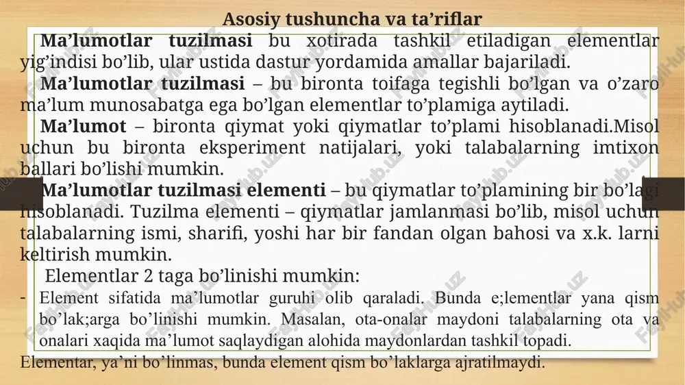 tomonlama taqqoslash subroutine. ikkilik qidirish daraxtlari uchta asosiy operatsiyani qo'llab-quvvatlaydi: elementlarni kiritish, elementlarni o'chirish va qidirish (kalit mavjudligini tekshirish). ikkilik qidiruv daraxtidan ma'lum bir kalitni qidirish dasturlashtirilishi mumkin rekursiv yoki takroriy ravishda. biz tekshirishni boshlaymiz ildiz tuguni. agar daraxt bo'lsa bekor, biz qidirayotgan kalit daraxtda mavjud emas. aks holda, agar kalit ildizga teng bo'lsa, qidiruv muvaffaqiyatli bo'ladi va biz tugunni qaytaramiz. agar kalit ildizdan kamroq bo'lsa, biz chap pastki daraxtni qidiramiz. xuddi shunday, agar kalit ildizdan kattaroq bo'lsa, biz kerakli pastki daraxtni qidiramiz. ushbu jarayon kalit topilmaguncha yoki qolgan pastki daraxt bo'lguncha takrorlanadi bekor. agar qidirilgan kalit a dan keyin topilmasa bekor pastki daraxtga erishildi, keyin kalit daraxtda yo'q. bu osongina rekursiv algoritm sifatida ifodalanadi (amalga oshiriladi python ): 1 def qidiruv_rekursiv tarzda(kalit, tugun):2 agar tugun == yo'q yoki tugun.kalit == kalit:3 qaytish tugun4 agar kalit tugun.kalit:7 qaytish qidiruv_rekursiv tarzda(kalit, tugun.to'g'ri) xuddi shu algoritmni takroriy ravishda amalga oshirish mumkin: 1 …