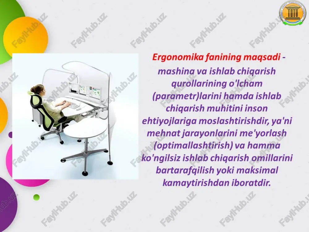 ish ziddiyatini yaxshilash ishlab chiqarish mikroiqlimining gigienik normalari ishlab chiqarish mikroiqlimi normalari mehnat xavfsizligi standartlari sistemasi "ish zonasi mikroiqlimi" ga asosan belgilangan. ular gigienik va texnik iqtisodiy negizlarga asoslangan. sanoat korxonalari xonalarining xarakteri, yil fasllari va ish kategoriyasiga qarab, ulardagi harorat, nisbiy namlik va havo harakatining ish joylari uchun ruxsat etilgan normalari belgilangan. ishlab chiqarish xonalari ish xonasidagi havoning harorati, nisbiy namligi va harakat tezligining risoladagi normalari. yil fasli ish kategoriyalari havoning harorati, oc nisbiy namligi, % harakat tezligi, m/s sovuq yengil - i 20 – 23 60 - 30 0,2 o‘rtacha og‘irlikdagi-iia 18 – 20 60 - 40 0,2 o‘rtacha og‘irlikdagi-iib 17 –19 60 - 40 0,3 og‘ir-iii 16 – 18 60 - 40 0,3 iliq davr yengil-i 20 – 25 60 - 40 0,2 o‘rtacha og‘irlikdagi-iia 21 – 23 60 - 40 0,3 o‘rtacha og‘irlikdagi-iib 20 –22 60 - 40 0,4 og‘ir-iii 18 – 21 60 - 40 …
