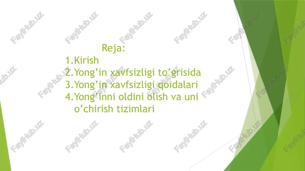 alarni o'z vaqtida profilaktika qilish, tekshirish, ta'mirlash va sinovdan o'tkazish. yong'inga qarshi. yong'inning bir binodan ikkinchisiga tarqalishini oldini olish uchun ular o'rtasida yong'in tanaffuslari tashkil etiladi. yong'in uzilishlarini aniqlashda qo'shni bino va inshootlarning yonishi bilan bog'liq eng katta xavf hisoblanadi. termal nurlanish olov manbasidan. yonayotgan ob'ektga ulashgan bino tomonidan olinadigan issiqlik miqdori yonuvchi materiallarning xususiyatlariga va olov haroratiga, radiatsiya yuzasining o'lchamiga, yorug'lik teshiklarining maydoniga, o'rab turgan tuzilmalarning yonuvchanlik guruhiga bog'liq. , yong'inga qarshi to'siqlarning mavjudligi, binolarning nisbiy joylashuvi, meteorologik sharoitlar va boshqalar. yong’inning oldini olish uni o’chirishdan oson! yong’inni oldini olish uchun quyidagi qoidalarga rioya qiling: yonuvchi narsa va suyuqliklar olovdan va isitish asboblaridan uzoqda saqlanishi kerak; nosoz elektr asboblaridan foydalanish mumkin emas; bir nechta elektr asboblari vilkalarini bir razetkaga birdaniga tiqma; gugurt o’yinchoq emas, buni doimo yodda tut; yong’in sodir bo’lib qolsa uydan tez chiqishga halaqit bermasligi uchun zina maydonchalari, balkon ortiqcha buyumlardan xoli bo’lishi kerak; transport vositalarida ham …