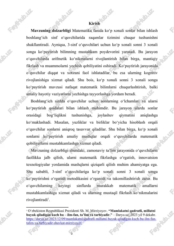 r va metodlarni ishlab chiqqan. shu bilan birga, o. raximova (2022) innovatsion yondashuvlar yordamida ko‘p xonali sonlarni o‘rgatish jarayonini batafsil o‘rganib, dars ishlanmalari asosida metodik tavsiyalar bergan. biroq, aynan 3-sinf o‘quvchilarida ko‘p xonali sonni 3 xonali songa ko‘paytirish metodikasi bilan bog‘liq amaliy ishlar yetarlicha ishlab chiqilmagan. ko‘plab tadqiqotlar faqat umumiy ko‘p xonali sonlar va ularni ko‘paytirish masalalarini yoritgan. shu sababli, ushbu mavzu dolzarb bo‘lib, o‘quvchilarning ko‘p xonali sonlar bilan ishlash ko‘nikmalarini chuqurlashtirish va dars jarayonida samarali metodlarni ishlab chiqish muhim ahamiyat kasb etadi. xorijiy tajribalar ham ko‘p xonali sonlarni o‘rgatishda vizual va interaktiv metodlardan foydalanishni tavsiya qiladi. masalan, elektron darsliklar, interaktiv doskalar va raqamli o‘quv resurslari yordamida o‘quvchilarda sonlar bilan ishlash qobiliyatini oshirish mumkin. shu bilan birga, o‘quvchilarning psixologik rivojlanish bosqichlari hisobga olinishi lozim, chunki 3-sinf o‘quvchilari abstrakt fikrlashga hali to‘liq o‘tmagan bo‘lishi mumkin. o‘zbekistonning boshlang‘ich sinf dasturlarida ham ko‘p xonali sonlarni o‘rgatish va ularni ko‘paytirish metodikasi belgilangan. biroq, amaliy …