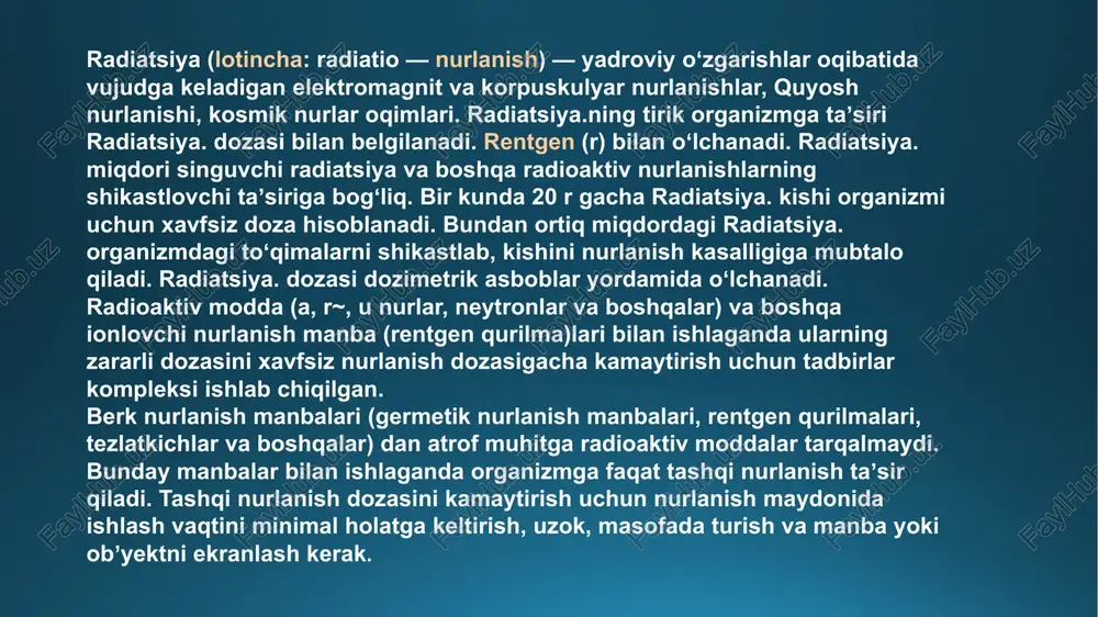 i. shuning uchun, bir-biridan aslida bunday nurlanishi deb, u hisobga nurlanish va tirik organizmlarning etkazilgan zarar uning darajasini olish uchun zarur bo'ladi. radioaktiv zarralar katta energiya imkoniyatiga ega. ular tanasiga kirib, uning molekula va atomlar bilan duch. bu jarayonda, ularning qirg'in natijasida. inson tanasining o'ziga xos xususiyati bu asosan suv iborat bo'ladi. shuning uchun, radioaktiv zarrachalar ta'siri moddaning bir molekulasi duchor bo'ladi. natijada, inson tanasi tarkibdan juda zararli bor. ular tirik organizmlar paydo bo'lgan barcha kimyoviy jarayonlar bir qismi bo'lib keladi. barcha bu halokat va hujayralari halokatga olib boradi. bunday nurlanish, ham u tananing uchun sabab zarar qanday bilish kerak ekanini bilish. insonga radiatsiya ta'siri uchta asosiy guruhga bo'linadi. asosiy zarar genetik fonda sabab bo'ladi. infektsiya natijasida bir o'zgarish va urug 'hujayralari va ularning tuzilmalari halokat bo'lgani kabi, bo'ladi. bu avlodlari aks etadi. nogiron va shol tug'ilgan bolalar ko'p. bu, asosan, keyingi joylashgan radiatsiya ifloslanishini, moyil bo'lgan joylarda uchraydi atom …