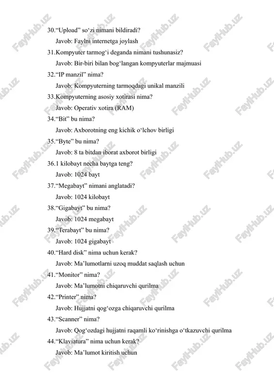 ap burchagida 58. “control panel” nima uchun ishlatiladi? javob: kompyuter sozlamalarini boshqarish uchun 59. “system unit” bu nima? javob: kompyuterning asosiy bloki (protsessor, xotira va boshqalar joylashgan quti) 60. “hardware” deganda nimani tushunasiz? javob: kompyuterning jismoniy qismlari 61. “software” deganda nimani tushunasiz? javob: kompyuterda ishlaydigan dasturlar majmuasi 62. “operating system” nima? javob: kompyuter resurslarini boshqaruvchi dastur 63. “application” nima? javob: foydalanuvchi uchun mo‘ljallangan amaliy dastur 64. “browser” bu nima? javob: internet sahifalarini ko‘rish dasturi 65. “google chrome”, “mozilla firefox”, “safari” nimaga misol? javob: internet brauzerlariga misol 66. “server” bu nima? javob: tarmoqda xizmat ko‘rsatuvchi kompyuter 67. “client” bu nima? javob: server xizmatlaridan foydalanuvchi kompyuter 68. “database” so‘zi nimani bildiradi? javob: ma’lumotlar bazasi 69. “backup” nima? javob: ma’lumotning zaxira nusxasini yaratish 70. “password” nima uchun kerak? javob: foydalanuvchini himoya qilish uchun 71. “username” bu nima? javob: foydalanuvchini aniqlovchi nom 72. “network” bu nima? javob: o‘zaro bog‘langan kompyuterlar majmuasi 73. “wi-fi” nimani …