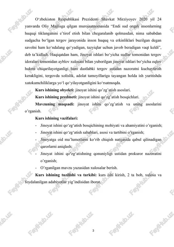 rs ishi kirish, 2 ta bob, xulosa va foydalanilgan adabiyotlar yig’indisidan iborat. i bob jinoyat ishini qoʻzgʻatish 1.1. jinoyat ishini qoʻzgʻatish bosqichining mohiyati va ahamiyati jinoyat ishini qoʻzgʻatish – jinoyat protsessining mustaqil bosqichi boʻlib, unda jinoyat ishini qoʻzgʻatishga vakolatli boʻlgan davlat organlari va mansabdor shaxslar jinoyat haqida kelib tushgan ariza va xabarlarni qabul qilish, koʻrib chiqish va hal etish orqali jinoyat ishni qoʻzgʻatish yoki qoʻzgʻatishni rad etish, yoxud tergovga tegishliligi boʻyicha yuborish toʻgʻrisida qarorlardan birini qabul qiladilar. jinoyat ishini qoʻzgʻatish bosqichining mazmuni jinoyat haqida berilgan ariza yoki xabar yuzasidan bir qator holatlarni tekshirish va hal etish yuzasidan protsessual faoliyatni oʻz ichiga oladi. bunda jinoyat haqidagi ariza yoki xabar jpkning 322-moddasida keltirilgan sabablarning qaysi biriga taalluqli, jinoyat haqidagi ariza yoki xabarda keltirilgan ma’lumotlarda jinoyat alomatlari mavjudmi, agar jinoyat mavjud boʻlsa, u jpkning qaysi moddasi boʻyicha kvalifikatsiya qilinishi kerak, qaysi holatlar ariza yoki xabarda keltirilgan faktlarni tasdiqlaydi, tergovga qadar tekshiruv jarayonida jpkning …