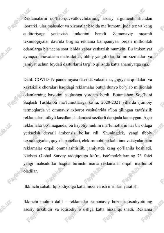 ikrlari: reklamalarga cheklov qo’yish zarur birinchi sabab: psixologik bosim va manipulyatsiya xavfi biroq, reklamalarga cheklov talab qiluvchilar jiddiy va ishonchli dalillarga ega. ularning birinchi va eng kuchli argumenti – zamonaviy odam har kuni haddan tashqari ko’p reklama xabari bilan to’qnashadi va bu jiddiy psixologik muammo yaratadi. turli tadqiqotlarga ko’ra, o’rtacha shahar aholisi kuniga 4,000 dan 10,000 gacha reklama xabari bilan duch keladi. bunday haddan tashqari axborot yuklamasi psixologik salomatlikka jiddiy zarar yetkazadi. dalil: american psychological association ning tadqiqoti shuni isbotladiki, doimiy reklama ta’siri odamlarda stress darajasini 40 foizga oshiradi, diqqatni jamlash qobiliyatini 25 foizga pasaytiradi va uyqu sifatini buzadi. bundan ham xavflirog’i, zamonaviy reklamalar neyromarketing texnikalari, yashirin xabarlar va emotsional manipulyatsiya usullaridan keng foydalanadi. bu iste’molchilarni ongli ravishda qaror qabul qilish imkoniyatidan mahrum qiladi. ayniqsa, bolalar va o’smirlar bu ta’sirga juda moyil. psixologlarning fikricha, 8 yoshgacha bo’lgan bolalar reklamalarni haqiqatdan farqlashmaydi va ularni to’liq ishonib qabul qiladilar. university of michigan …