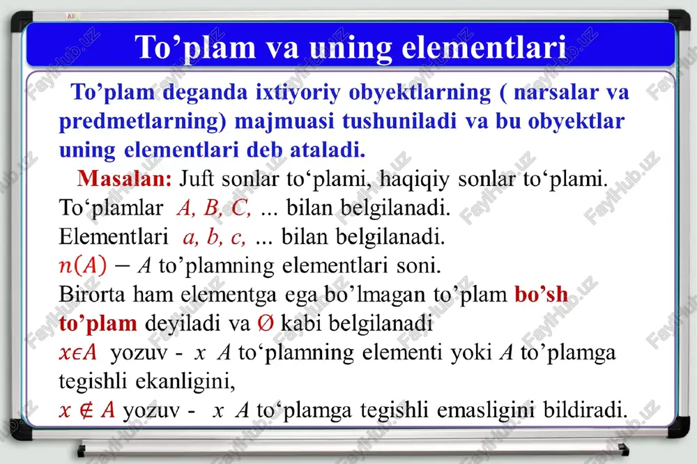 b va c to‘plamlar tasvirlangan. (a ∪ b) ⋂ c to‘plamning elementlarini aniqlang. a c b yechish: rasmga ko’ra: a ∪ b = {i, j, k, b, a, f, c, d, g, h} c = {f, a, c, d, e} (a ∪ b) ⋂ c => a ∪ b to‘plamning c to‘plam bilan kesishmasi. (a ∪ b) ⋂ c = {a, c, d, f } javob: {a, c,d,f } a, c,d,f 12 masalalar yechish 100 kishidan iborat sayyohlar guruhidan 60 % i ingliz tilini, 50 % i fransuz tilini, 17 % i esa har ikkala tilni ham biladi. necha nafar sayyoh ingliz tilini ham, fransuz tilini ham bilmaydi? a) 11 b) 8 c) 6 d) 7 7-masala 60 % 50 % 17 % yechish: javob: 7 e’tiboringiz uchun rahmat image3.png image4.png image5.png image6.png image2.png image7.png image100.png image110.png image8.png image9.png image10.png image11.png image12.png image13.png image140.png image160.png image14.png image1.jpeg to’plam deganda ixtiyoriy …