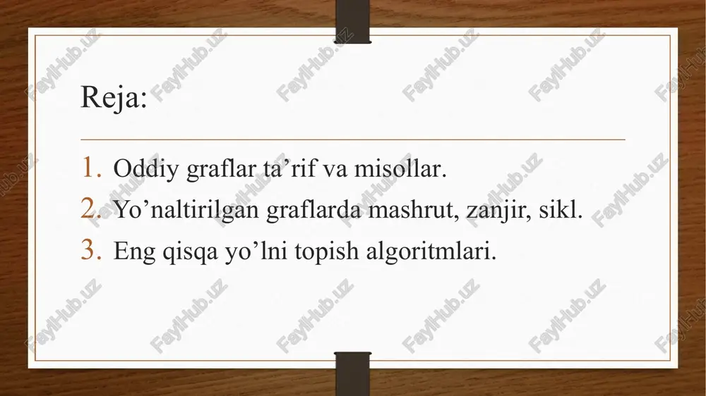 isqa yo’lni topishni o’rganib oldik. foydalanilgan adabiyotlar h. t. to‘rayev, i. azizov., “matematik mantiq va diskret matematika” - t, 2011 yil. b. a. sharipov, “graflarda eng qisqa yo‘lni aniqlash algoritmlari. lug‘atlar va ularni amalga oshirish”, - toshkent. https://fayllar.org image5.png image6.png image7.png image8.png image9.png image10.png image11.png image3.png image4.png /docprops/thumbnail.jpeg ben axbort exo 1 guruh labs