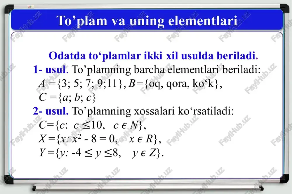 matika 2019-yil test topshiriqlari, davlat test markazi, toshkent, 2019. e’tiboringiz uchun rahmat image2.tmp image3.jpeg image3.png image4.png image5.png image6.png image7.png image8.png image9.png image70.png image16.png image17.png image18.png image19.png image20.png image21.png image22.png image23.png image24.png image25.png image80.png image26.png image27.png image90.png image10.png image11.png image12.png image13.png image14.png image15.png image240.png image29.png image30.png image1.jpeg to’plam deganda ixtiyoriy obyektlarning ( narsalar va predmetlarning) majmuasi tushuniladi va bu obyektlar uning elementlari deb ataladi. masalan: juft sonlar to‘plami, haqiqiy sonlar to‘plami. to‘plamlar a, b, c, ... bilan belgilanadi. elementlari a, b, c, ... bilan belgilanadi. n(a) — a to’plamning elementlari soni. birorta ham elementga ega bo’ imagan to’plam bo’sh to’plam deyiladi va @ kabi belgilanadi xea yozuv - x a to‘plamning elementi yoki a to’plamga tegishli ekanligini, x € a yozuv - x a to‘plamga tegishli emasligini bildiradi. odatda to‘plamlar ikki xil usulda beriladi. 1- usul. to’plamning barcha elementlari beriladi: a ={3; 5; 7; 9311}, b={oq, gora, ko‘k}, c ={a; b; …