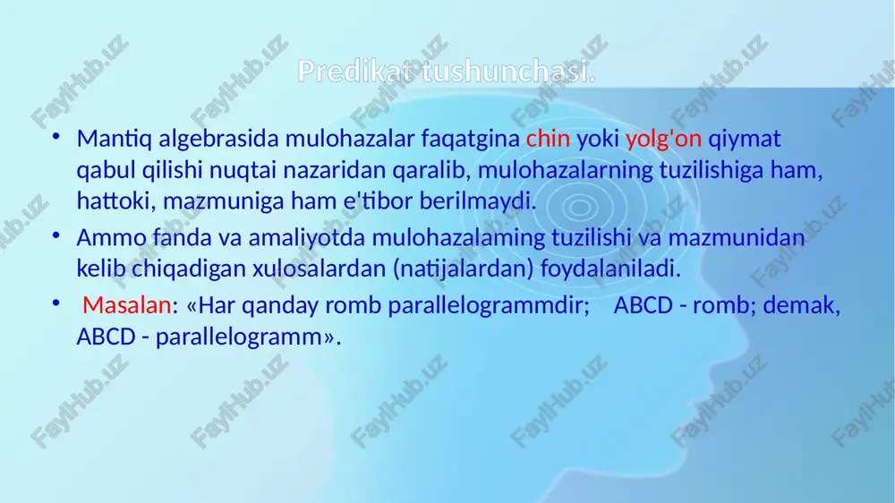 hazalarning ekvivalentligi deb, a va b mulohazalarning bir xil qiymatlarida rost bo`lib, har xil qiymatlarida esa yolg`on bo`luvchi mulohazaga aytiladi. a va b mulohazalarning ekvivalentligi a~b, a↔b kabi belgilanadi va “a va b teng kuchli”, “a bo`ladi, qachonki b bo`lsa” yoki “a mulohaza b uchun yetarli va zarur” deb o`qiladi. a mulohaza ekvivalentlikning birinchi hadi, b esa ikkinchi hadi hisoblanadi. predikatlar ustida mantiqiy amallar halqali yig’indi amali . bu amal ekvivalentlik amalining inkoriga teng bo’ladi, ya’ni predikatlar ustida mantiqiy amallar sheffer shtrixi a|b. ushbu amalni kon`yunktsiya va diz`yunktsiya amallari yordamida hosil qilish mumkin, ya’ni image1.png image2.png image3.png image4.png image5.png image6.png image7.png image8.png image9.png image10.png image11.png image12.png image13.png image14.png image15.png image16.png image17.png image18.png image19.png image20.png image21.png image22.png image23.png image24.png image25.png boolean algebra and switching functions two-input and (- ) two-input or (+ ) one-input not (complement, ’ ) not | ly 0 {1 1 |o i,=m (,=@) x,yezl zxz xe m …