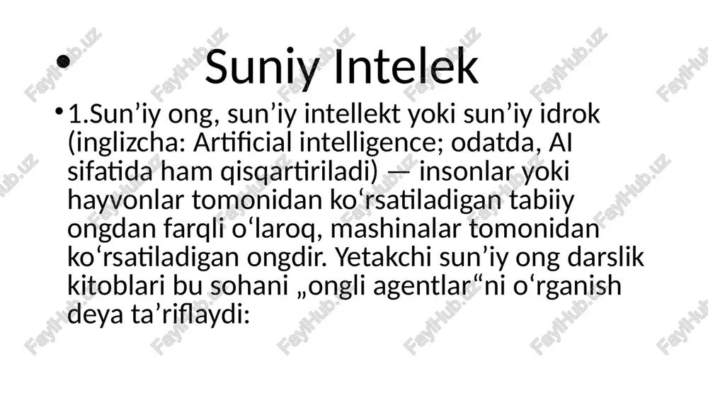 shbu sohada malakali kadrlarni tayyorlash, mazkur yo’nalishdagi ilmiy-loyihalarni qo’llab-quvvatlash bo’yicha qator ishlar amalga oshirilmoqda. sun’iy intellekt” mutaxassisligi bitiruvchisi kompyuter uskunalari, kompyuter tizimlari va tarmoqlari, dasturiy ta’minot ishlab chiqaruvchi va ishlaydigan korxona va tashkilotlarda ishlashi mumkin; dizayn, tadqiqot va ta’lim tashkilotlarida.ma’lumotlar bazalari, bilimlar bazasi va ma’lumotlar bazasini boshqarish tizimlari; • nutq interfeysi, kompyuter lingvistikasi va kompyuter grafikasi; image1.jpeg image2.jpeg image3.jpeg image4.jpeg image5.jpeg image6.jpeg image7.jpeg image8.jpeg image9.jpeg j 00103049) " a ee /docprops/thumbnail.jpeg ‘muhammad al-korazmiy nomidagi toshkent axborot texnologiyalari unversetet tlikominikatsia fakultet 413-22-guruhi 1-bosaich talabast abdulazizov akmalning akademik yozuy fanidan bajargan 3-mustagil ish