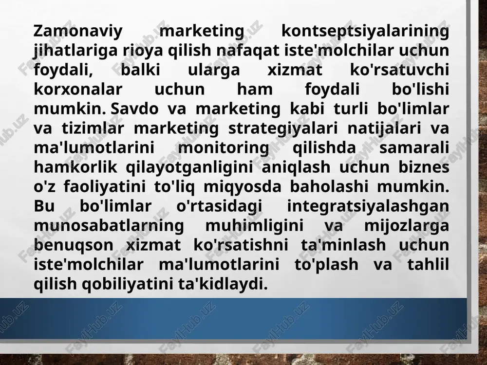 iyojlari birinchi o'rinda turadi va biznes operatsiyalari shu atrofida aylanadi. biz hammamiz "mijoz har doim haqdir" degan iborani eshitganmiz. zamonaviy marketing kontseptsiyalarini o'rgangan holda, bu so'z o'quvchilarga nima uchun hozirgi paytda biznes ushbu qoidaga amal qilishini tushunishga yordam beradigan falsafa va strategiyalarga bo'linadi. global pandemiya va politsiyaning shafqatsizligiga qarshi milliy norozilik davrida biznes uchun faqat mahsulotni sotish etarli emas. ular, shuningdek, dunyoni o'z iste'molchilari va umuman jamiyat uchun yaxshiroq joyga aylantirishga hissa qo'shishlari kerak. image11.jpeg image12.jpeg image13.jpeg image14.jpeg image1.wmf image2.jpeg image3.png image4.png image5.png image6.jpeg image7.jpeg image10.jpg ——— ss e’tiboringiz uchun raxmat!