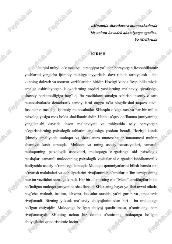 lar bilan bo’ladigan muloqot jarayonida shakllanadi, shaxsning hayot yo’llari avval oilada, bog’cha, maktab, institut, ishxona, keksalar orasida, ya’ni guruh va jamoalarda rivojlanadi. bizning yuksak ma’naviy ehtiyojlarimizdan biri - bu muloqotga bo’lgan ehtiyojdir. muloqotga bo’lgan ehtiyojimiz qondirilmasa, ongimiz ham rivojlanmaydi. shuning uchun biz doimo muloqotga bo’lgan ehtiyojlarimizni qondirishimiz lozim. kimlar bilandir bo’lgan muloqotdan qoniqish hosil qilamiz, lekin ayrim hollarda esa biz qoniqmaslikni his qilamiz. pedagogik muloqot - bu muloqot turlaridan biri bo’lib, pedagogik faoliyatda muhim o’rin tutadi. biz guruh va jamoaga kirar ekanmiz, doim unda turli rollarni bajarishga to’g’ri keladi. rasmiy guruhda boshliq rolini o’ynasak, kasalxonada bemor, do’konda haridor, oilada rafiq yoki rafiqa, ota - ona oldida esa farzandlik rolini bajaramiz. o’smirlar ongini va e’tiqodini shaklantirishida milliy g’oyani to’g’ri targ’ib etishda muloqot katta ahamiyatga ega. respublikamizda bir necha yillarga mo’ljallangan g’oyalar mavjud. ular vatanimiz taraqqiyotini ruyobga chiqaruvchi istiqbol dasturi vazifasini bajarib kelmoqda. bu g’oyalar quyidagicha: 1) o’zbekiston kelajagi buyuk davlat; 2) …