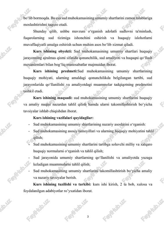 qilish va ishni sudda ko‘rish uchun tayinlashdan keyin keluvchi bosqichi bo‘lib, jinoyat ishini birinchi instansiya sudining majlisida ko‘rib chiqishdan iborat. faqat sud muhokamasi natijasidagina sudlanuvchi jinoyat sodir etganlikda aybdor deb tan olinishi va unga jinoiy jazo tayinlanishi yoki u aybsiz deb tan olinishi va oqlanishi mumkin. sudning shaxsni aybdor deb topish va unga nisbatan jazo chorasini tayinlash yoki aybsiz shaxsni oqlash haqidagi qarori hukmda bayon qilinadi. sud ushbu masalalarni hal qilish orqali odil sudlovni amalga oshiradi. sud muhokamasi odil sudlovni amalga oshirishning o‘ziga xos protsessual shaklidir. sud muhokamasining vazifasi jinoyat ishlari bo‘yicha odil sudlovning vazifalari bilan mos keladi. sud muhokamasi ish aniqlangan holatlarni haqiqatda mavjud bo‘lgan holatlarga mos tarzda aniqlanishini ta’minlashi, ushbu holatlarga jinoyat qonuni nuqtai nazaridan to‘g‘ri baho berishi hamda jinoyat sodir etganlikda aybdor shaxsni jinoiy javobgarlikka tortish yoki aybsiz shaxsni oqlash haqida qaror chiqarish bilan tugallanishi kerak. jinoyat protsessining bundan avvalgi bosqichlari sud muhokamasi uchun tayyorgarlik bosqichlari hisoblanadi. …