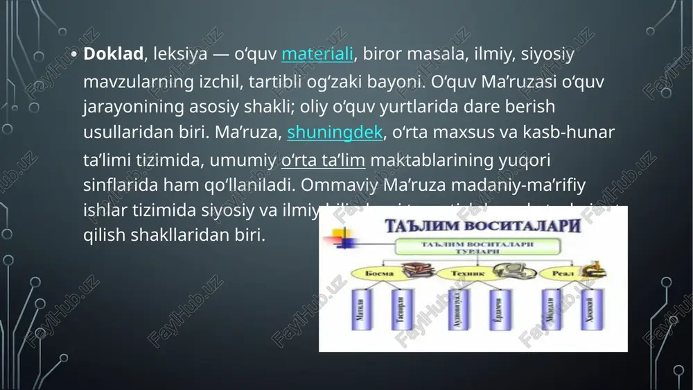 tlar tonlama holda bir xildagi ovozini aytib, deb, zo'rg'a hazm bo`ladi? bu muammo samarali o'qituvchi ta'lim quruq mahorat aynan. yana bir xususiyati nima ma'ruza juda tushunchasi yotadi: aslida u monolog hisoblanadi. dotsent va talaba o'rtasidagi maksimal aloqa talabalar savollariga javob berish hisoblanadi. biroq, qoida tariqasida, tashabbuskor kamdan-kam hollarda tinglovchilarning keladi. natijada, bir kam talabalari jalb faoliyat etishmasligi va axborot assimilyatsiya yuqori darajasini kuzatish mumkin. image2.png image3.jpeg image4.jpeg image5.jpeg ss masmyxpl © kipicne © lmaaacwiagany dpenomeninin reopsiisik kananybt © 11, masacpisqany macenenepinit orarabik neuxonorhsiga seprreninyi © 12, )kacocnipim wakrarst mazaceiaaany macenenepin kapacrsipy © i.masacwiaqany typanst kame fbunbimn of-nikipnep © 2..ttcuxonor fanbimaapanti twksippimaammaapbt © 2.2. masacbiaqanyabiy amoumhaab kannbina >kavitbt ony © kopsrronigst © tlaiiaanasutran aneuertep kax nanucams doknad? tlonmiag_— sro onta v2 pashosiguocrell camoctostensholt [pagorb! 2 rotopolt © kparxollcbopme, otpanaior cyte toro wan hhor® ‘onpoca. b cpeaviem ogtem noknaga coctasnaer ovano 5 crpaniy. to crpyxtype aoknag npeqnonaraer wanuaue 3 wacteit - bctyn/ienhe …