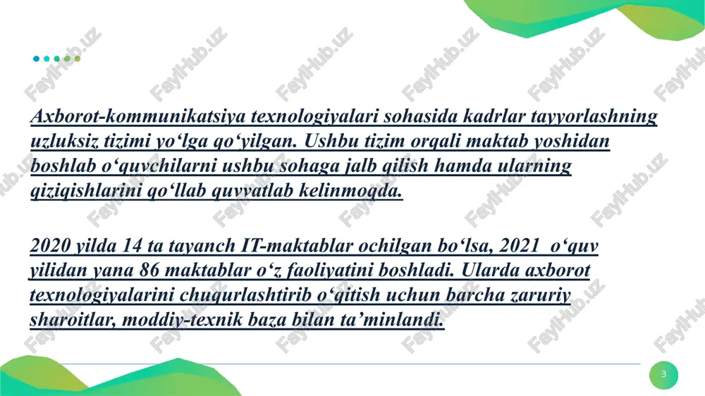 ba taxsil olmoqda. shu bilan birga ushbu talabalarga 23 nafar professor-o‘qituvchilar ta’lim bermoqda. it kadrlarni tayyorlashda yanada ko‘p muhim vazifalar oldimizda turibdi davlatimiz rahbariyati tomonidan yoshlarga alohida e’tibor qaratilmoqda. prezident o‘z ma’ruzalarida ta’kidlaganidek, iqtisodiyotni tubdan takomillashtirish eng muhim omillaridan biri axborot-texnologiya va raqamli texnologiyalardir. shuning uchun kelajagimiz bevosita akt va ularga tayangan mutahassislar bilan bevosita bog‘liq. 2021-yil yurtimizda yoshlarni qo‘llab-quvvatlash va aholi salomatligini mustahkamlash yili deb e’lon qilingan. shu tarzda axborot texnologiyalari va kommunikatsiyalarini rivojlantirish vazirligi tomonidan 2021-yilda ham iqtidorli yoshlarni qo‘llab-quvvatlash va yuqori malakali kadrlarni tayyorlash ishlari izchil davom ettiriladi. akt sohasida oxirgi yutuqlarga asoslangan holda va malakali it kadrlarga yuqori bo‘lgan talabni qondirish maqsadida ta’lim sohasini takomillashtirish doirasida o‘zbekiston respublikasi prezidentining “axborot texnologiyalari sohasida ta’lim tizimini yanada takomillashtirish, ilmiy tadqiqotlarni rivojlantirish va ularni it-industriya bilan integratsiya qilish chora-tadbirlari to‘g‘risida”gi qarori qabul qilindi. hozirga kelib it sohasi jadal rivojlanmoqda.turli xil it kurslar ochilmoqda,yoshlarga imkoniyatlar tobora ko’paymoqda.chet el kompaniyalari bilan …