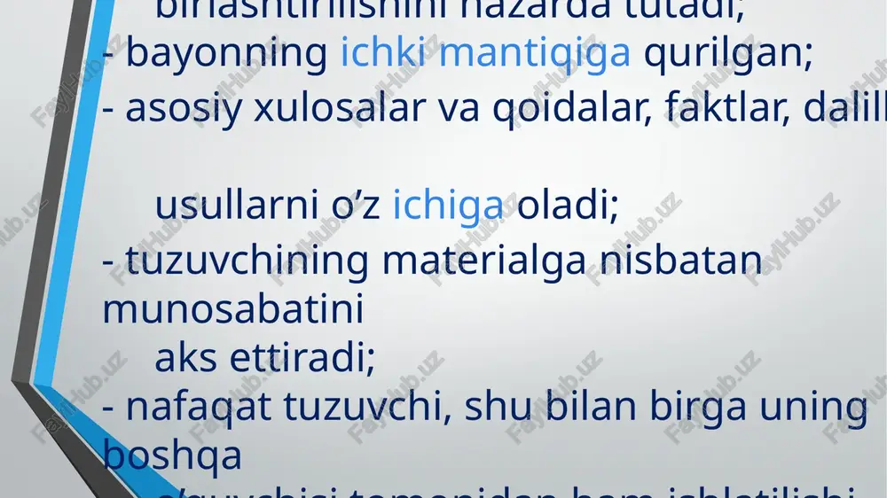 oyada nima sodir bo'lishini tasvirlaydi. asosiy qahramonlar va asosiy syujet nuqtalarini juda batafsil yoki so'zsiz tanishtiradi. keling, konspekt misollarini ko'rib chiqaylik: adabiyotdagi konspektlarga misollar 1-misol: romanning konspekti biz romanni tanlamoqchi bo'lganimizda, u nima haqida ekanligi haqida konspekt o'qish odatiy holdir. qisqacha konspekt bizga o'quvchilarni jalb qilish va kitobni o'qishga ishontirish uchun etarli ma'lumot beradi! konspektga misol cliff notes of o'yinlar del ochlik. 2-misol: ilmiy maqolaning konspekti ba'zan professorlar, professorlar, nashriyotlar yoki nashriyotlar ilmiy maqola, ma'ruza yoki maqolaning konspektini olishni xohlashadi, bu esa rasmiyroq deb ataladi. resumen. badiiy asarda bo'lgani kabi, u maqola yoki maqolaning asosiy fikrlari haqida qisqacha ma'lumot beradi va muhokama qilinadigan mavzularning qisqacha tasvirini beradi. ushbu turdagi ishlarning tezislari akademiklar va tadqiqot olib borayotgan har bir kishi uchun ayniqsa muhimdir, chunki qidiruvni amalga oshirayotganda ular maqola nima haqida ekanligini va ularning ishlariga tegishli yoki yo'qligini bilishlari kerak. ommaviy madaniyatdagi konspektlarga misollar 1-misol: teleserialning konspekti tomoshabinlarga mavzu yoki hikoyaning …