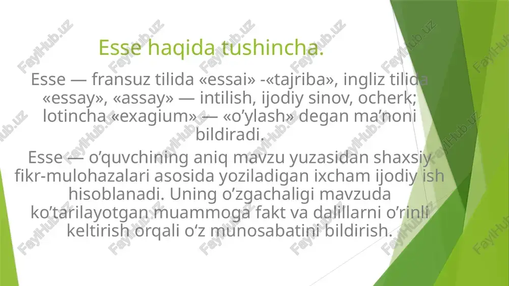 sat, aytma” tamoyiliga amal qilishdir. shuning uchun siz o’quvchini hikoyaga jalb qilishingiz kerak. ta’riflovchi esselar: bu yerda yozuvchi joyni, obyektni voqeani hatto xotirani tasvirlaydi. lekin bu shunchaki narsalarni aniq tasvirlash emas. yozuvchi o’z so’zlari orqali rasm chizishi kerak. buning aqlli usullaridan biri o’quvchining his-tuyg’ularini uyg’otishdir. nafaqat ko’rishga tayanibgina qolmay, balki boshqa hid, teginish, tovush va hokazolarni ham jalb qiling. tasviriy esse yaxshi bajarilganda), o’quvchi yozuvchining ayni paytda his qilgan his-tuyg’ularini anglaydi. faktologik esselar: bunday esseda yozuvchi mavzuni muvozanatli o’rganishni taqdim etadi. bunday esse yozish uchun yozuvchi mavzu bo’yicha haqiqiy va keng bilimga ega bo’lishi kerak. yozuvchining his-tuyg’ulari yoki his-tuyg’ularini tushuntirishga esseda joy yo’q. u toʻliq faktlar, statistika, misollar va boshqalarga asoslangan bo’ladi. bu yerda kontrastli esselar (https://hozir.org/mabodo-quyosh-sistemalardagi-sayyoralardan-birortasiga-tushib.html), sabab va taʼsir esselari va boshqalar kabi quyi turlar mavjud. ishonchli esselar: bu yerda essening maqsadi o’quvchini bahsning o’z tomoniga tortishdir. ishonchli esse shunchaki faktlarni taqdim etish emas, balki o’quvchini yozuvchining nuqtayi nazariga …