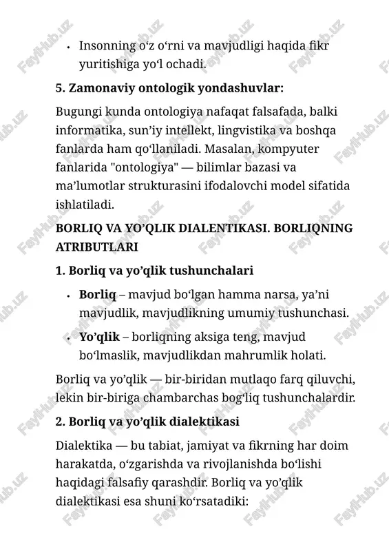 rat, substansiya va aksidensiya. borliq shakllarining tasnifi 1. substrat tushunchasi · substrat — bu biror narsaning asosi, tagligi, uning asosiy tarkibiy qismi bo‘lib, o‘zida o‘zgarishlarga chidamli va mustahkam bo‘lgan moddiy baza hisoblanadi. · substrat har doim mavjud bo‘lib, unga turli xususiyatlar (aksidensiyalar) bog‘lanadi. · masalan, yog‘ochning substrati uning moddasidir, unga esa rangi, shakli, harorati kabi xususiyatlar qo‘shiladi. 2. substansiya tushunchasi · substansiya (lotincha substantia — "mavjudlik") — bu mustaqil mavjud bo‘luvchi, o‘z-o‘zidan mavjud bo‘ladigan va boshqa narsaga tayanmaydigan borliq. · substansiya o‘zida aksidensiyalarni mujassamlashtirib, ularga substrat sifatida xizmat qiladi. · masalan, inson, daraxt, tosh — substansiyalar hisoblanadi. 3. aksidensiya tushunchasi · aksidensiya — substansiyaga xos bo‘lgan, lekin mustaqil mavjud bo‘lmaydigan, o‘zgarishi mumkin bo‘lgan xususiyatlar yoki holatlar. · aksidensiyalar substansiyaning rang, shakl, o‘lcham, holat kabi o‘zgaruvchan jihatlarini ifodalaydi. · masalan, qizil rang daraxtning aksidensiyasi bo‘lishi mumkin, lekin o‘z-o‘zidan mustaqil mavjud bo‘lmaydi. 4. borliq shakllarining tasnifi falsafada borliq turli shakllarga bo‘linadi, asosiy …
