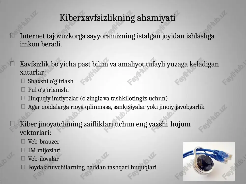 ektron pochtada berilgan havola muhim ma'lumotlarni to'playdigan va egasiga taqdim etadigan soxta veb-sahifaga olib keladi. soxta veb-sahifa haqiqiy veb-sahifaga o'xshaydi – ma'lumotlarini ko'chiradi 12 noto'g'ri yozilgan o'chirish, lekin havolani bosmaslik boshqa manzilni ko'rsatishi mumkin. kim bilan? mualliflik huquqi sana eskirgan botnet botnet - bu spam yoki viruslarni yaratish va jo'natish yoki server qulashi hujumi sifatida tarmoqni xabarlar bilan to'ldirish uchun ishlatiladigan bir qator buzilgan kompyuterlar. buzilgan kompyuterlar zombi deb nomlanadi. 12 o'rta odam hujumi hujumkor o'zini tarmoqdagi so'nggi manzilingiz kabi ko'rsatadi. biror kishi ma'lum bir manzilga ulanishga harakat qilganda, tajovuzkor ularni yo'ldan ozdirishi, boshqa xizmatga yo'naltirishi va ushbu tarmoq kirish nuqtasi yoki serverini taqlid qilishi mumkin. 13 rootkit kompyuterga kirib, xaker rootkit deb nomlangan dasturlar to'plamini o'rnatishi mumkin. hujumkor bajarishi mumkin: korxonaga, xaker (va boshqalar) uchun oson kirish klaviaturani yozuvchi buzilishning dalillarini yo'q qiladi. operatsion tizimni o'zgartiradi. 14 parolni buzish 15 lug'at hujumi va qo'pol kuch namuna hisoblash natija tahmin …