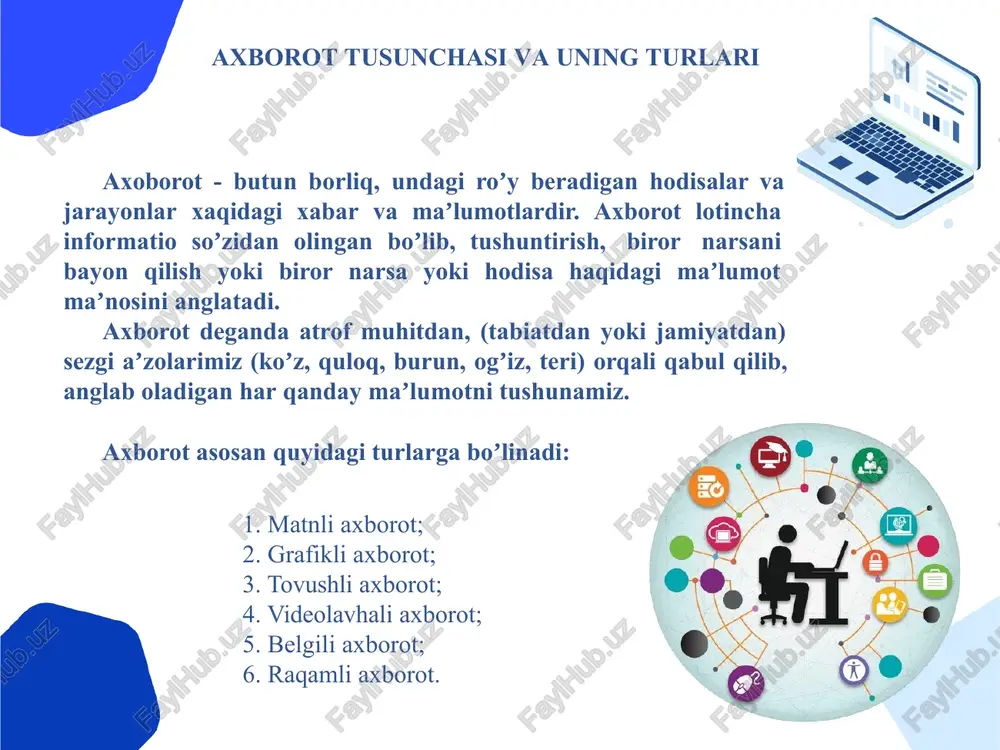 oqilona foydalanishning eng muhim omillaridan biri boʼlib, hozirgi vaqtga qadar bir necha bosqichlarni bosib oʼtdi. – bosqich. xix asirning 2 – yarmigacha davom etgan. bu bosqichda «qoʼllik» axborot texnologiyalari taraqqiy etgan. uning vositasi pero, siyoxdon, kitob. kommunikatsiya yaʼni aloqa odamdan – odamga yoki pochta orqali xat vositasida amalga oshirilgan. – bosqich. xix asirning oxiri, unda «mexanik» texnologiya rivoj topgan. uning asosiy vositasi yozuv mashinkasi, arifmometr kabilardan iborat. – bosqich. xx asirning boshlariga mansub boʼlib, «elektromexanik» texnologiyalar bilan farq qiladi. uning asosiy vositasi sifatida telegraf va telefonlardan foydalanilgan. – bosqich. xx asir oʼrtalariga toʼgʼri kelib, «elektron» texnologiyalar qoʼllanilishi bilan belgilanadi. bu texnologiyaning asosiy vositasi ehmlar va ularning asosida tashkil etiladigan avtomatlashtirilgan boshqarish tizimlari va axborot izlash tizimlaridir. – bosqich. xx asirning oxiriga toʼgʼri keladi. bu bosqichda kompyuter texnologiyalari taraqqiy etdi. ularning asosiy vositasi turli maqsadlarga moʼljallangan turli dasturiy vositalarga ega boʼlgan shaxsiy kompyuterlardir. jamiyatni axborotlashtirish jamiyatni axborotlashtirish deganda, axborotdan iqtisodni rivojlantirish, …