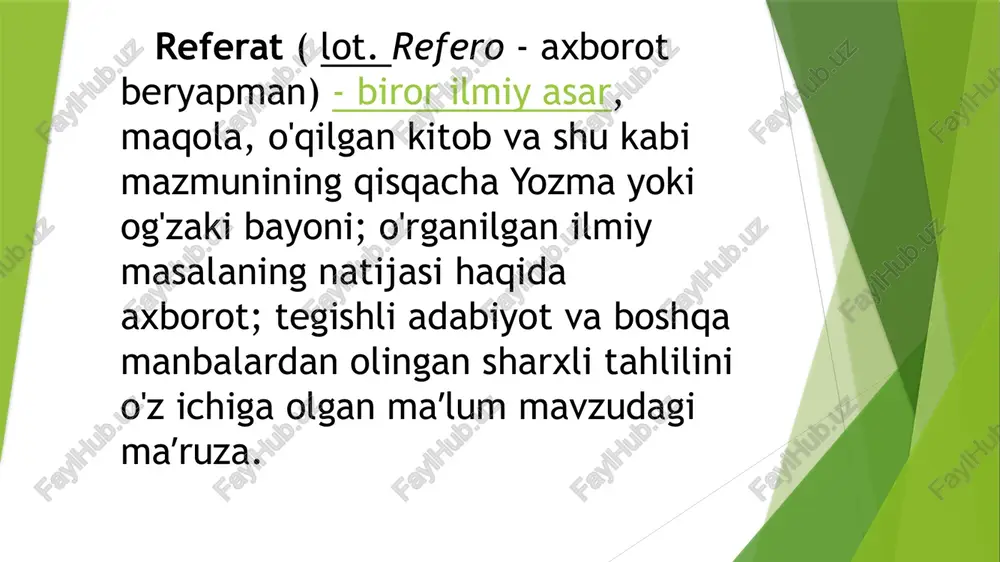 ning mazmuni, asosiy faktik ma'lumotlar va mahsulotlarning, muallifning qo'shimcha izohlashi yoki tanqidisiz, lo'nda ifodasidir referat rejasini tuzish referat rejasi quyidagilarni o’z ichiga olishi kerak: • kirish, • asosiy qism, • xulosa, • foydalanilgan adabiyotlar ro’yxati, • ilovalar (referatning shart bo’lmagan qismi). referatning rejasi tanlangan mavzuda ko’rilishi lozim bo’lgan masalalar doirasi va referatning asosiy mazmunini belgilaydi. u referentning mavzu materialida umumiy yo’nalish olishga imkon beradi, uning to’g’ri tanlanishi va bayon qilish mantiqini ta’minlaydi. har bir bandi qat’iy tanlangan material bilan ta’minlangan puxta o’ylangan reja referatning muvaffaqiyatli yozilishining g’oyat muhim shartidir. referatning asosiy qismi o’zining lo’nda va aniq nomiga ega masalalarga va kichik masalalarga (bandlarga) bo’linishi zarur. to’plangan materialning bir tizimga solinishi va referatning yozilishi kirishda tanlangan mavzuning nazariy va amaliy jihatlardan dolzarbligi asoslanadi, referat qilish maqsadi va vazifalari ifodalanadi. agar referat monografik bo’lsa (bir manba yoki muallif referat qilinayotgan bo’lsa), unda kirishda quyidagilar ko’rsatiladi: 1) muallif haqidagi qisqacha ma’lumotlar (ilmiy darajasi, …