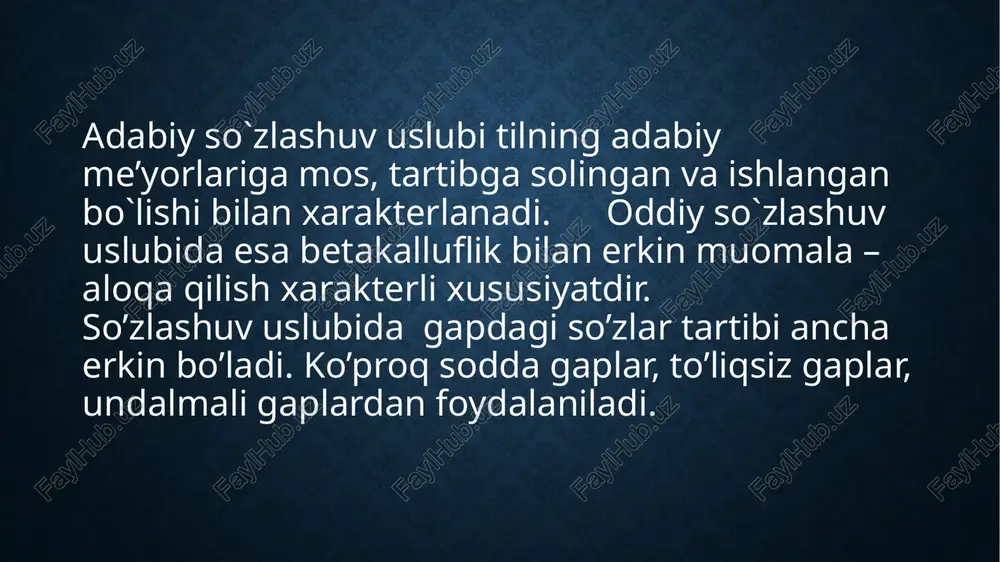 shda qo’llanadigan uslub, ya'ni matbuot uslubi ommabop uslub hisoblanadi. bu uslubda ijtimoiy-siyosiy so’zlar ko’p qo’llanadi. nutq ta'sirchan bo’lishi uchun ta'sirchan so’z va birikmalardan, maqol va hikmatli so’zlardan ham foydalaniladi. bunday uslubda gap bo’laklari odatdagi tartibda bo’ladi, kesimlar buyruq va xabar maylidagi fe'llar bilan ifodalanadi, darak, his-hayajon va ritorik so’roq gaplardan, yoyiq undalmalardan, takroriy so’z va birikmalardan unumli foydalaniladi: azamat paxtakorlarimiz mo’l hosil etishtirish uchun fidokorona mehnat qilishyapti. publitsistika keng ma’noda ijtimoiy-siyosiy hayot masalalarini yoritadigan barcha turdagi asarlarni o`z ichiga oladi. bu uslub ham o`zining yozma va og`zaki ko`rinishlariga ega. badiiy uslub badiiy asarlar (nazm, nasr va dramatik asarlar) badiiy uslubda bo’ladi. badiiy asar kishiga ma'lumot berish bilan birga, timsollar (obrazlar) vositasida estetik ta'sir ham ko’rsatadi: o’lkamizda fasllar kelinchagi bo’lmish bahor o’z sepini yoymoqda. badiiy uslubda qahramonlar nutqida oddiy nutq so’zlari, sheva, vulgarizmlardan ham foydalaniladi. badiiy asarlar uslubi aralash uslub hisoblanadi. unda so’zlashuv uslubiga, kitobiy uslublarga xos o’rinlar ham uchraydi. badiiy …