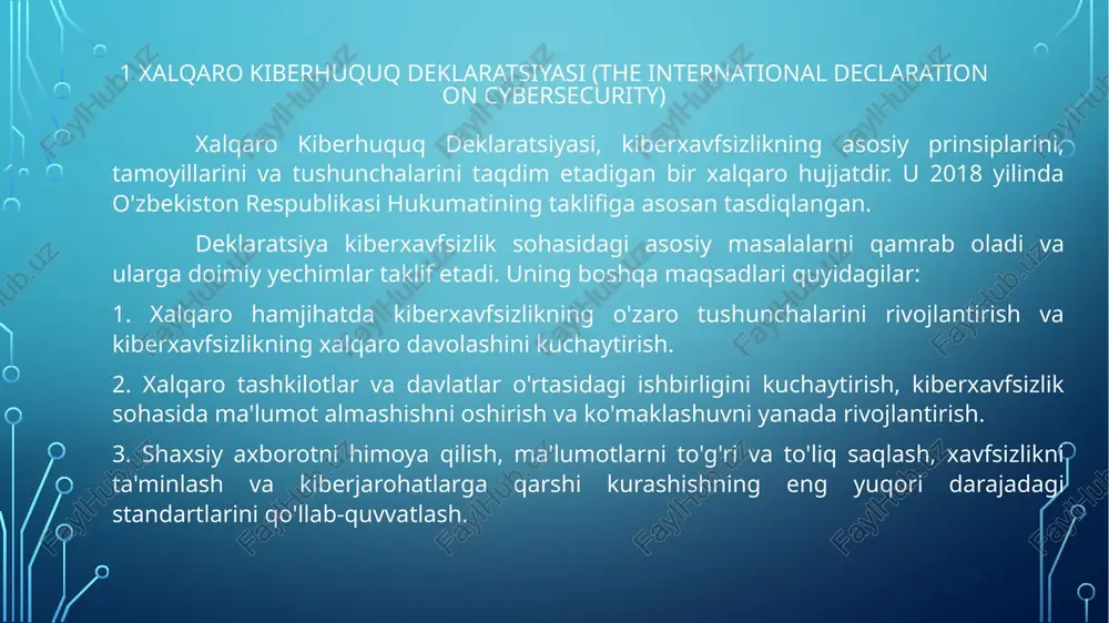 sizlikning boshqarish tizimlarini belgilashga yo'l qo'yadi. 2. iso/iec 27002:2013 - kiberxavfsizlikning amaliyoti va usullarini belgilaydi. ushbu standart kiberxavfsizlik politalarini, ma'lumotlarni himoya qilish, personalning amaliyoti, tizimlarni boshqarish, ma'lumot almashishni himoya qilish, fizikaviy uskunalarni himoya qilish va tashkilotning kiberxavfsizlikni boshqarish tizimlarini belgilashga yo'l qo'yadi. 3. iso/iec 27005:2018 - kiberxavfsizlikning risk boshqarishini belgilaydi. ushbu standart kiberxavfsizlik risklarini o'rganish, baholash, tahlil qilish, kiberxavfsizlikning boshqarish strategiyalarini belgilash va amaliyotdagi o'zgarishlarga qarshi kurashishni belgilashda yordam beradi. bu standartlar bilan birgalikda, tashkilotlar ma'lumotlarini kiberxavfsizlikdan himoya qilish uchun kerakli qo'llanmalar va tizimlarni o'rnatishga qat'iy muvofiq qoidalarga ega bo'ladi. ularning amaliyotga o'tkazilishi, tashkilotning kiberxavfsizlik darajasini oshirish va kiberxavfsizlik risklarini minimalizatsiyalashda muhim ahamiyatga ega bo'ladi. 3.kiberxavfsizlik qo'shimchalari shartnomasi kiberxavfsizlik qo'shimchalari shartnomasi (the cybersecurity additional protocol) - bu shartnama, kiberxavfsizlik sohasidagi xorijiy o'zgarishlarni qo'llab-quvvatlash, kiberxavfsizlikning o'zaro ta'sirini oshirish va xavfsizlik qo'shimchalari uchun keng imkoniyatlar yaratish maqsadida yaratilgan. bu shartnama o'zbekiston respublikasi hukumatining 2019 yil 5 iyuldagi 479-sonli qarori bilan tasdiqlangan. shartnama …