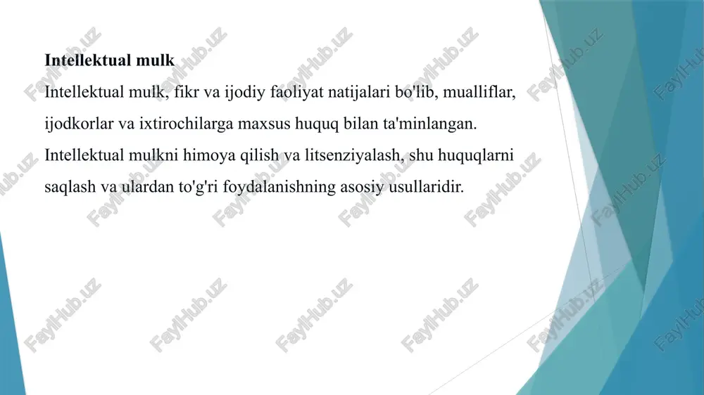 tkazish talabiga rioya etmaslik shartnomaning haqiqiy emas deb topilishiga sabab bo'ladi. — litsenziya shartnomasini ro'yxatdan o'tkazish uchun agentlikka qanday hujjatlar taqdim etilishi lozim? — litsenziya shartnomasini ro'yxatga olish uchun ariza, uch nusxada shartnoma va shartnomani ro'yxatga olish uchun belgilangan miqdordagi patent boji to'langanini tasdiqlaydigan hujjatlar taqdim qilinishi lozim. agentlik tomonidan shartnomalarni ro'yxatdan o'tkazish uchun taqdim etiladigan hujjatlar haqida ma'lumotlar va maslahatlar beriladi. — litsenziya shartnomasi qanday hollarda bekor qilinishi mumkin? — tovar belgisidan oxirgi uch yil davomida o'zbekiston respublikasi hududida uzrli sababsiz uzluksiz foydalanilmagan taqdirda, uning ro'yxatdan o'tkazilgani istalgan manfaatdor shaxsning talabi bo'yicha, sudning qaroriga asosan, bekor qilinishi mumkin. tovar belgisidan foydalanish uchun litsenziya berilishi undan foydalanish deb hisoblanadi. image1.png image2.png image3.jpeg py 90°f ¥ partly sunny q icensing oq @ kirasystems.com/uploads 4a learn-ho inte @ learn-howtolicen: x bu seintellectualproperty-0: most ip licensing agreements include these provisions. rights the rights being transferred to the licensee, for instance, to reproduce, distribute, …
