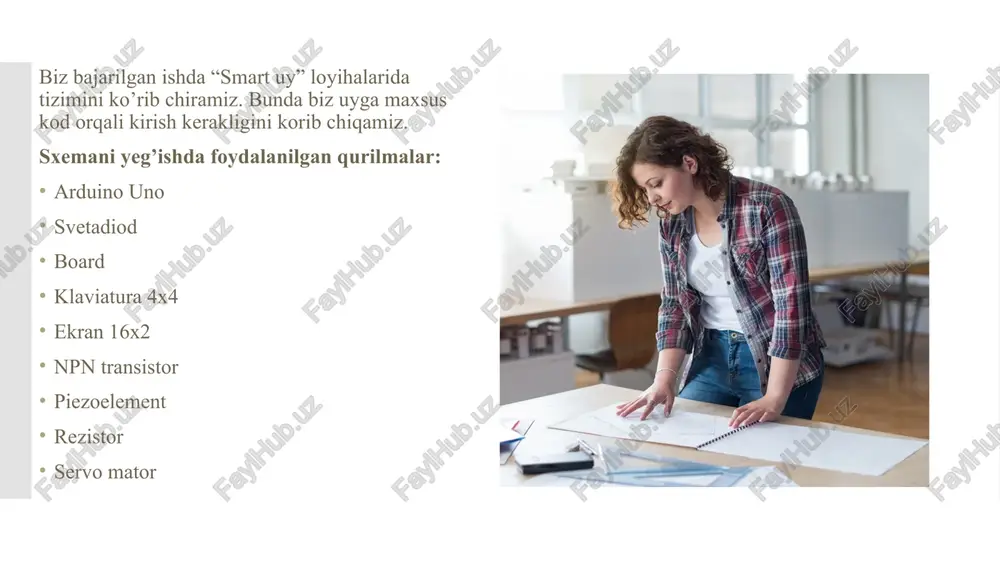 16x2 8 ekran 16x2 - bu lcd ekran, uni arudino uno platformasida ishlatish mumkin. lcd ekran, tekstitni ko'rsatish uchun qulaydir. uning o'lchami 16 x 2 belgidan iboratdir, bu demak, ekran 2 chorakdan iborat, har bir chora 16 belgidan iborat. arduono uno-ni ko'rsatish uchun boshqa maxsus modullarga muhtoj emas. bu ekran barcha arduinolar va 8-bit mikrokontrollerlar bilan ham ishlaydi. uning ikki qatorida 16 x 2 belgidan iborat ekran oynasi mavjud. ekran 5v va 16 miliamperlik elektr ta'minlash talab qiladi. arduinoda korxona nutqini yaratib, siz tariffda ko'rsatilgan buyruqlar yordamida statistik ma'lumotlar, ovozli interfeys, temperaturalarning ko'rsatilmasi va h.k. ko'rsatilishi mumkin. bu ekran ko'pgina o'quv kurslarida va arduinodagi mashqlarda ishlatiladi. npn transistor 9 tranzistor — elektr tebranishlarni kuchaytirish, generatsiyalash (hosil qilish) va oʻzgartirish uchun moʻljallangan 3 elektrodli yarimoʻtkazgich asbob hamda mikroelektronika qurilmalarining asosiy elementi. tranzistorlar tuzilishi, ishlash prinsipi va parametrlariga koʻra 2 ta sinfga ajratiladi — bipolyar va maydoniy (unipolyar) tranzistorlar. bipolyar tranzistorlarda ikkala …