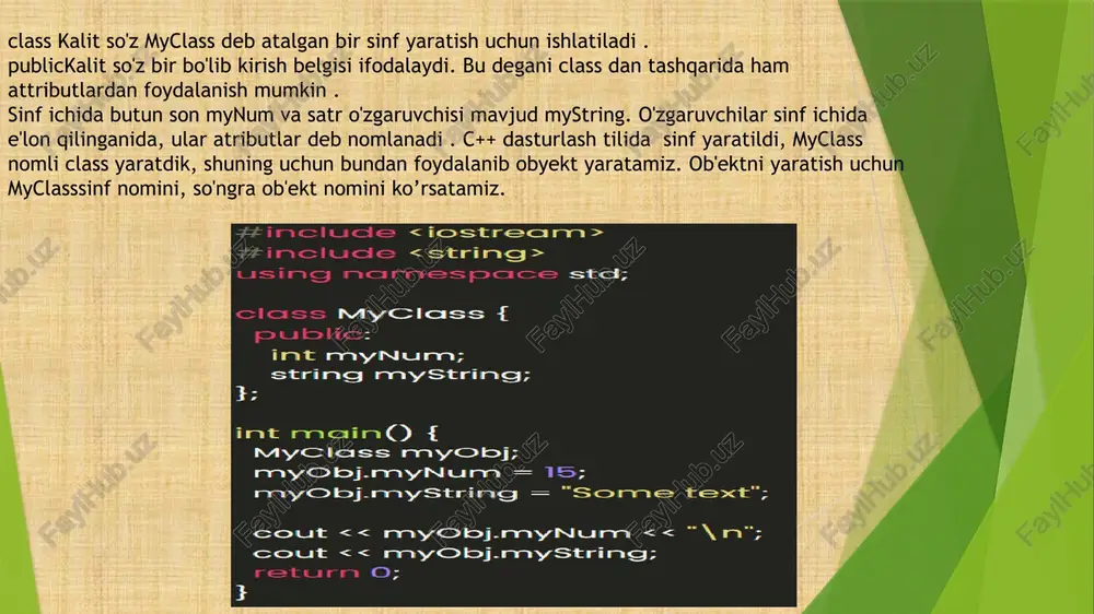 modelida boshqacharoq amallar bajarilishi mumkin. quasar modelida dvigatelga yoqilqini sepuvchi injektor sistemasi va star modelidagi korbyurator o'rniga turbokompressor o'rnatilgan bo'lishi mumkin. lekin foydalanuvchi bu farqlarni bilishi shart emas. u rulga o'tirgach oddiygina akselatorni bosadi va avtomobilning mos reaktsiyasini kutadi. c++ tili bir xil nomdagi funktsiya turli ob'ekt tomonidan ishlatilganda turli amallarni bajarishi imkoniyatini ta'minlaydi. bu funktsiya va sinfning polimorfligi deb nomlanadi. poli – ko'p, morfe – shakl degan ma'noni anglatadi. polimorfizm – bu shaklning ko'p xilligidir. bu tushunchalar bilan keyinchalik batafsil tanishamiz. sinflar va sinf a'zolari. yangi tip sinfni e'lon qilish bilan tuziladi. sinf - bu bir – biri bilan funktsional orqali boqlangan o'zgaruvchilar va metodlar to'plamidir. sinflarga amaliyotdan ko'pgina misollar keltirish mumkin. masalan, avtomabilni qildirak, eshik, o'rindiq, oyna va boshqa qismlardan tashkil topgan kollektsiya yoki qaydash tezligini oshirish, to'xtatish, burish imkoniyatlariga ega bo'lgan ob'ekt deb tasavvur qilish mumkin. avtomobil o'zida turli eqtiyot qismlarni va ularni funktsiyalarini inkapsulyatsiya qiladi. avtomobil …